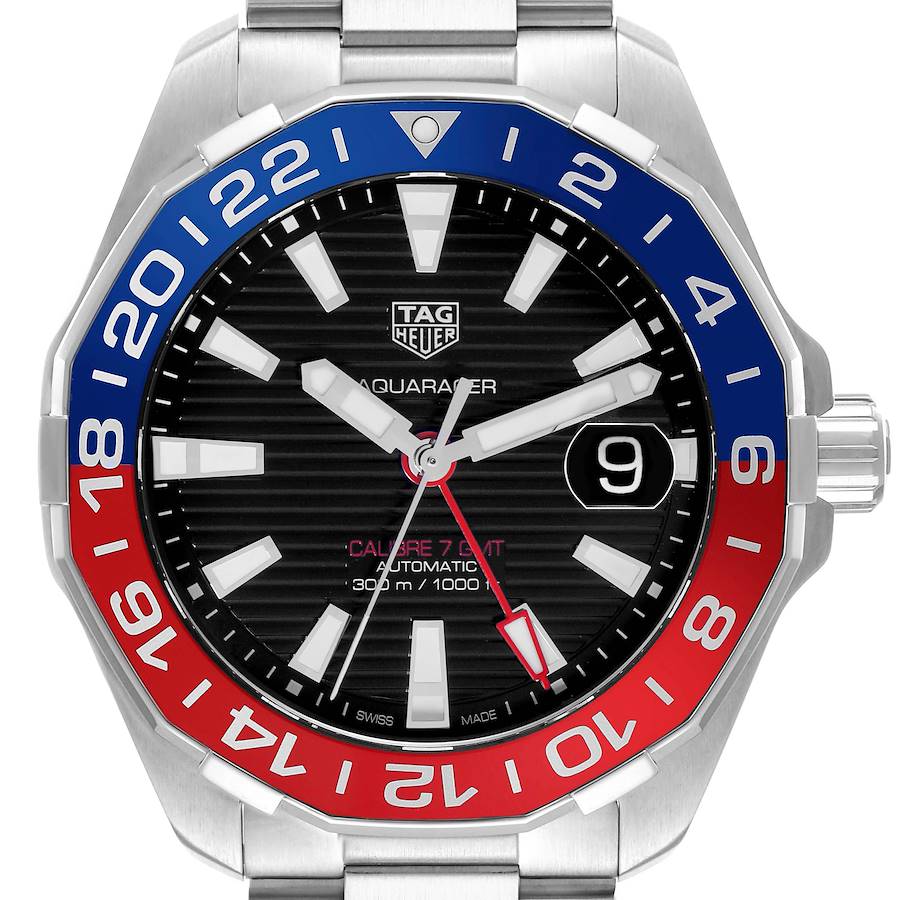 The Tag Heuer Aquaracer watch is shown from a front view, highlighting the bezel, dial, and hands.
