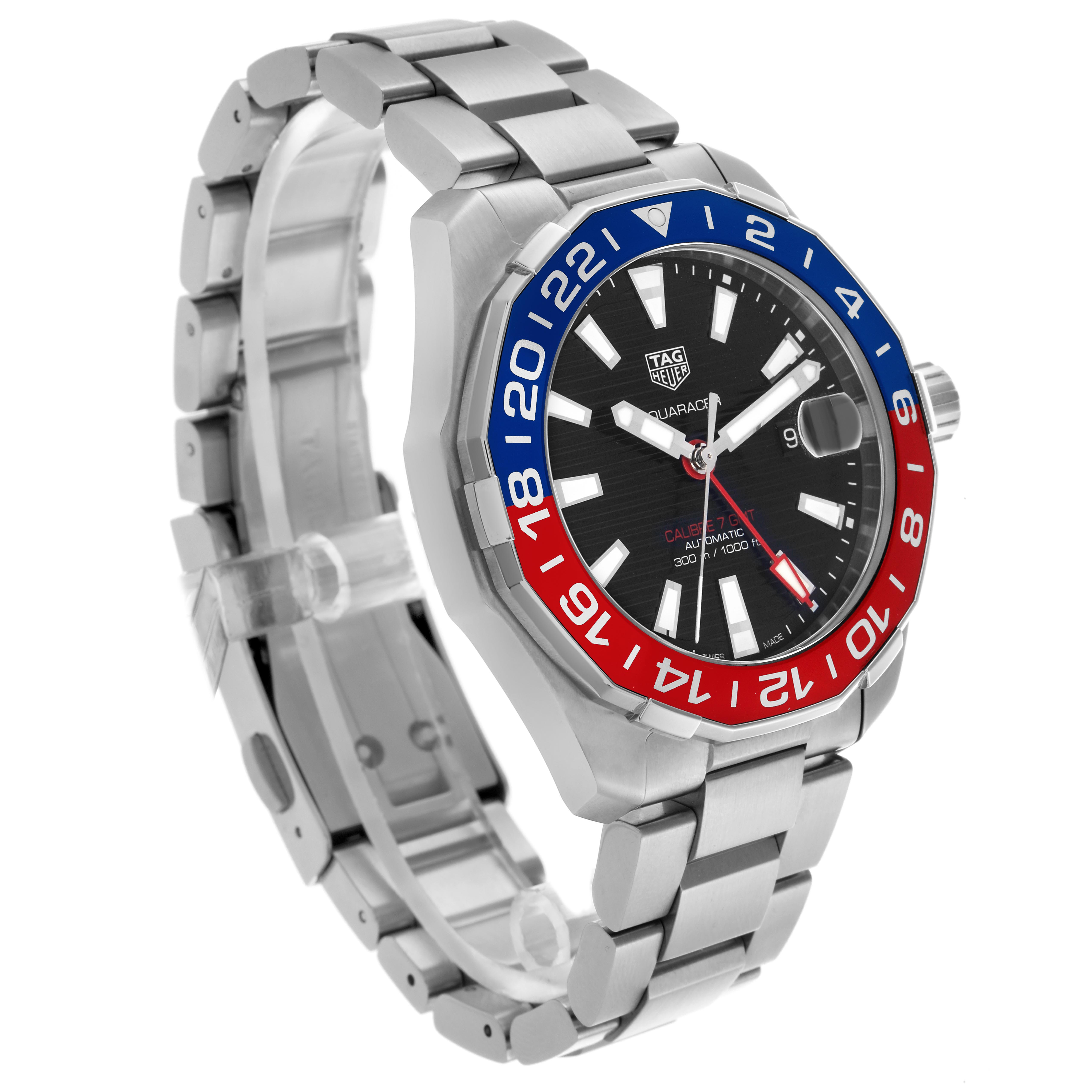 The Tag Heuer Aquaracer WAY201F.BA0927 Men
s Stainless Steel Black Dial WAY201F.BA0927 Men
s Stainless Steel Black Dial watch is shown at a three-quarter angle, highlighting the bezel, face, and stainless steel bracelet.