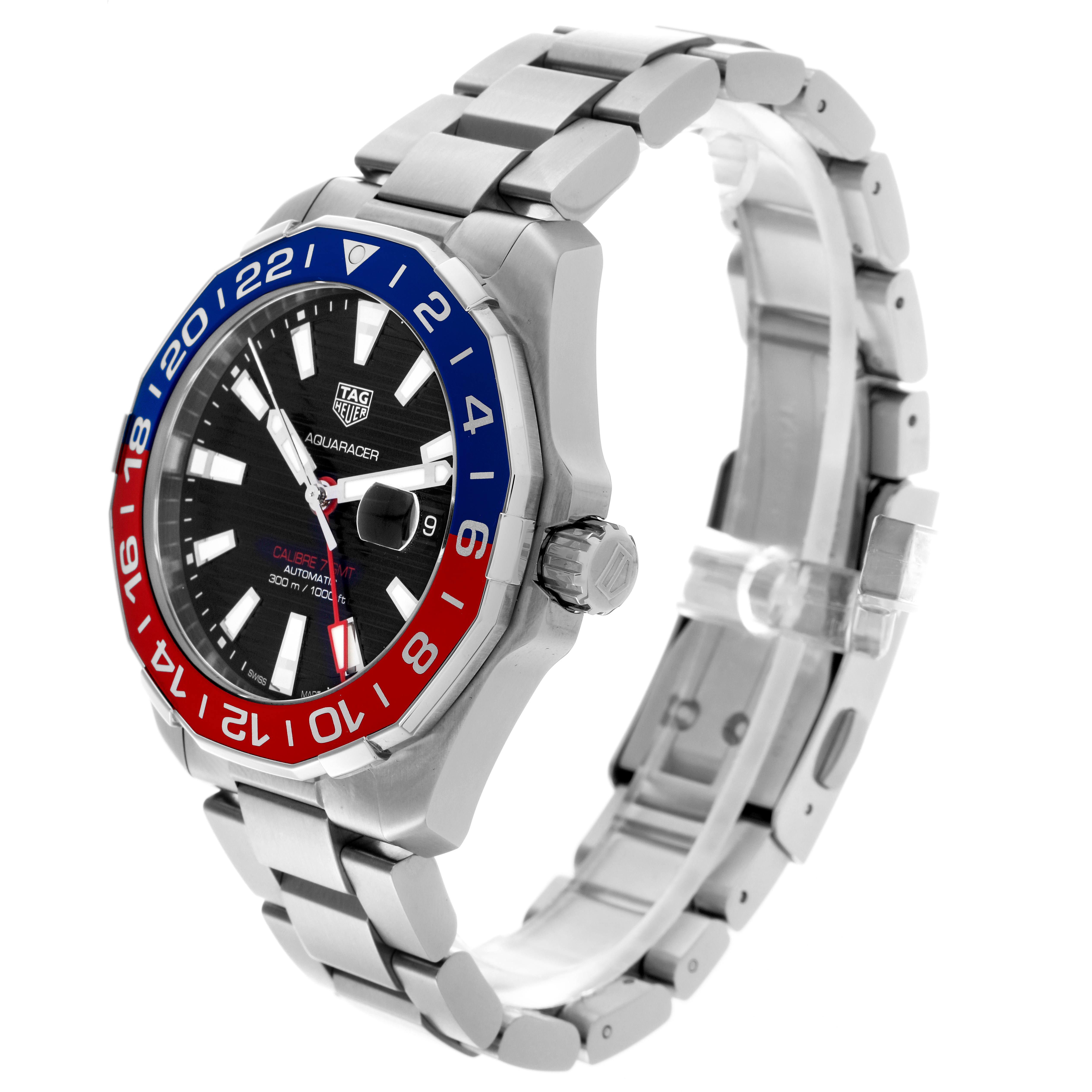 The Tag Heuer Aquaracer WAY201F.BA0927 Men
s Stainless Steel Black Dial WAY201F.BA0927 Men
s Stainless Steel Black Dial watch is shown at a three-quarter angle, highlighting the face, bezel, and metal band.