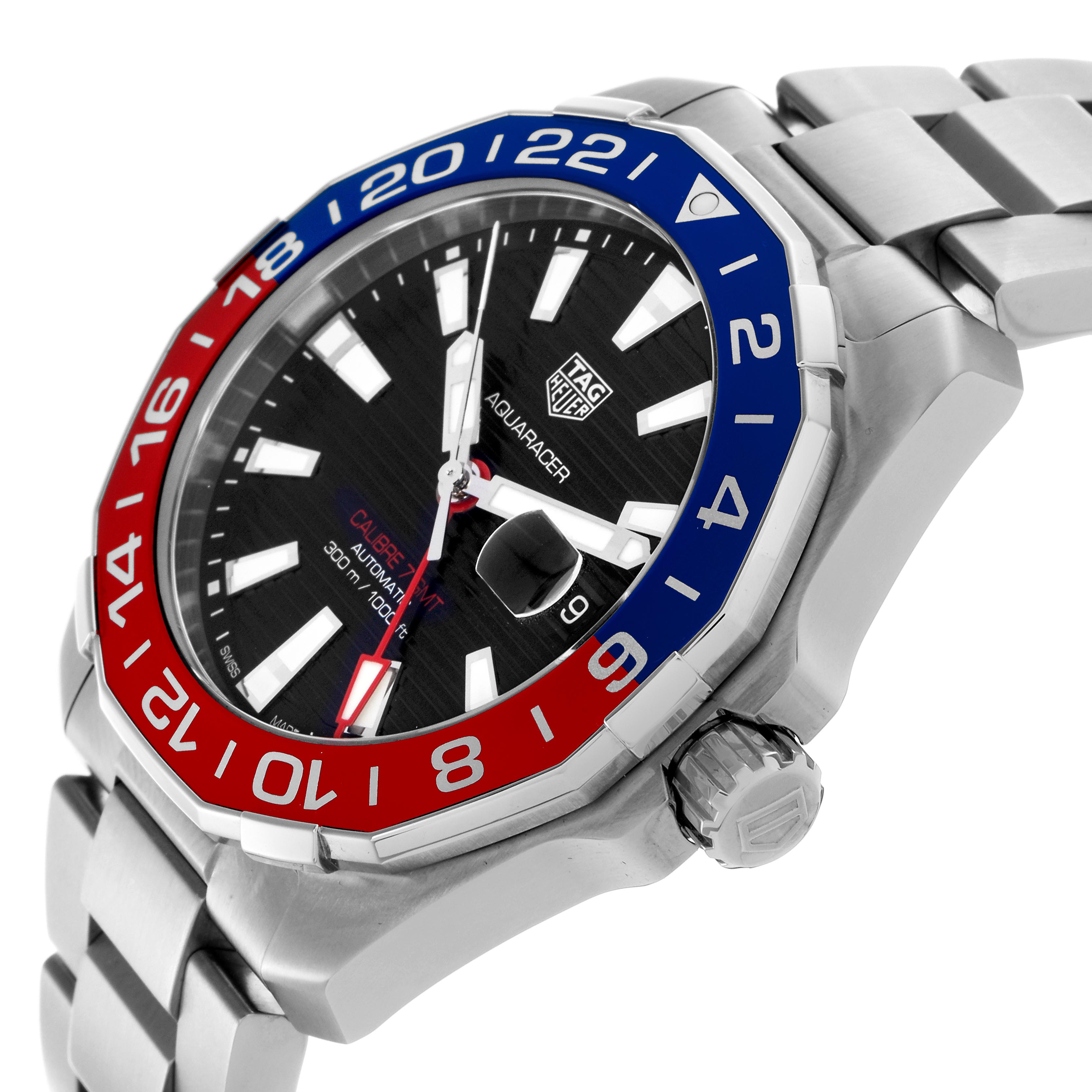 The Tag Heuer Aquaracer WAY201F.BA0927 Men
s Stainless Steel Black Dial WAY201F.BA0927 Men
s Stainless Steel Black Dial watch is shown at a three-quarter angle, highlighting the bezel, face, crown, and part of the bracelet.