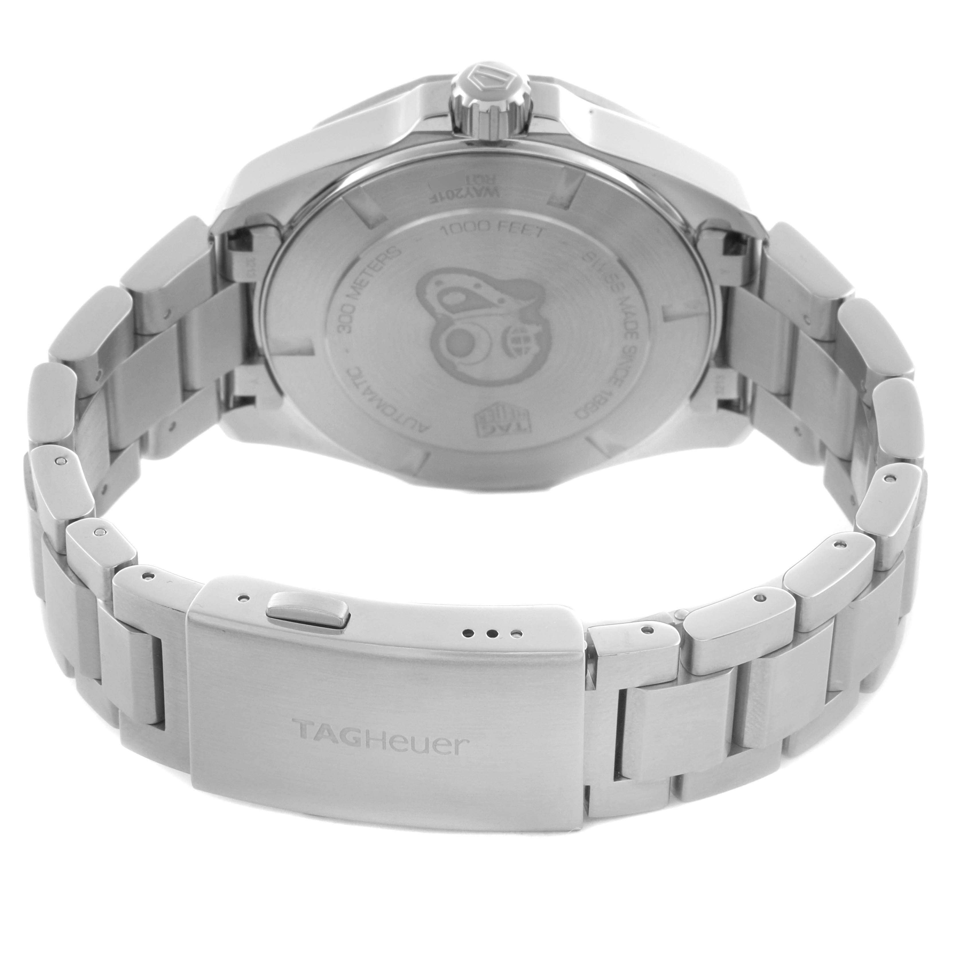 The image shows the back of the Tag Heuer Aquaracer WAY201F.BA0927 Men
s Stainless Steel Black Dial WAY201F.BA0927 Men
s Stainless Steel Black Dial watch, including the case back, bracelet, and clasp.