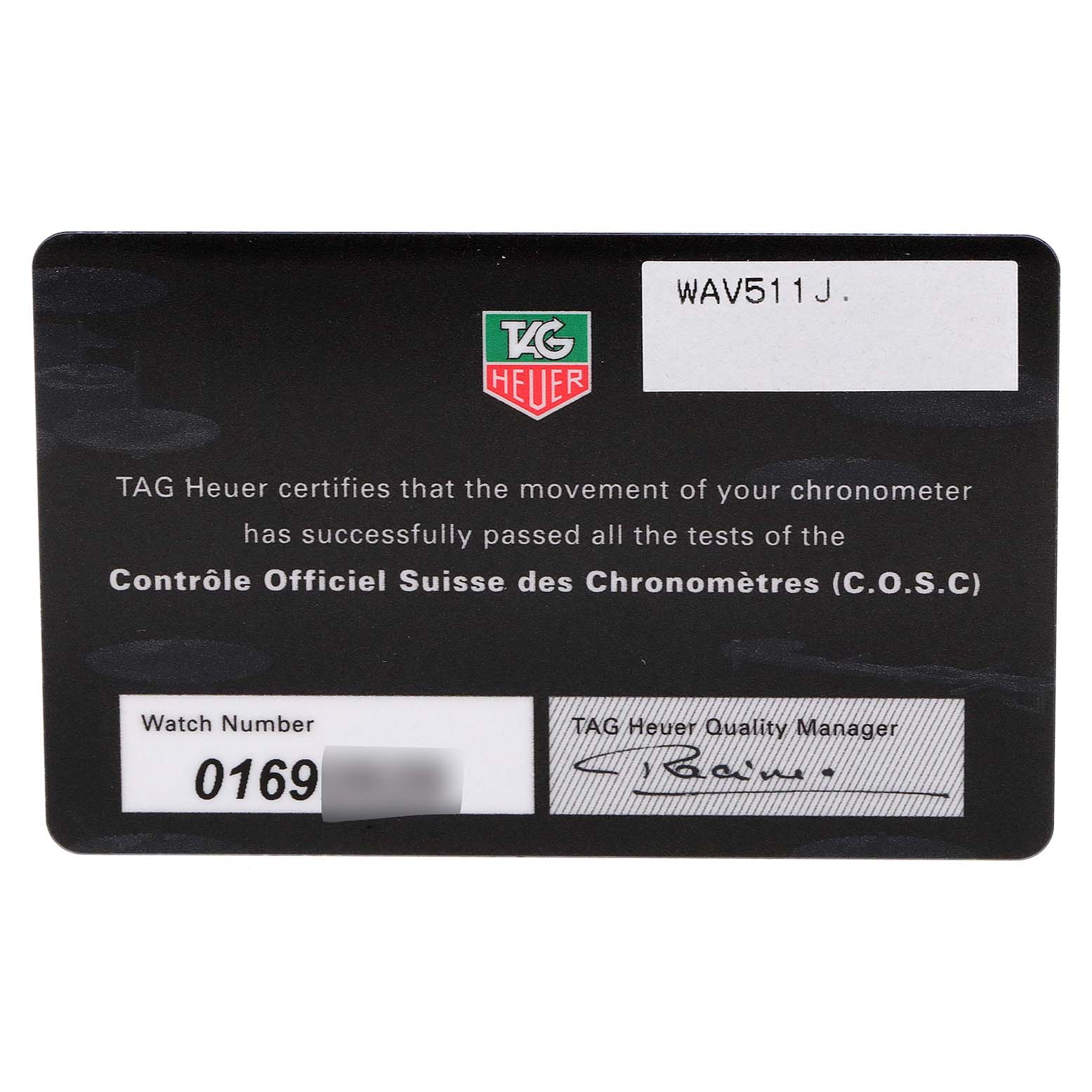 The image shows a certification card for the Carrera model by TAG Heuer, indicating COSC certification and including a watch number and signature.