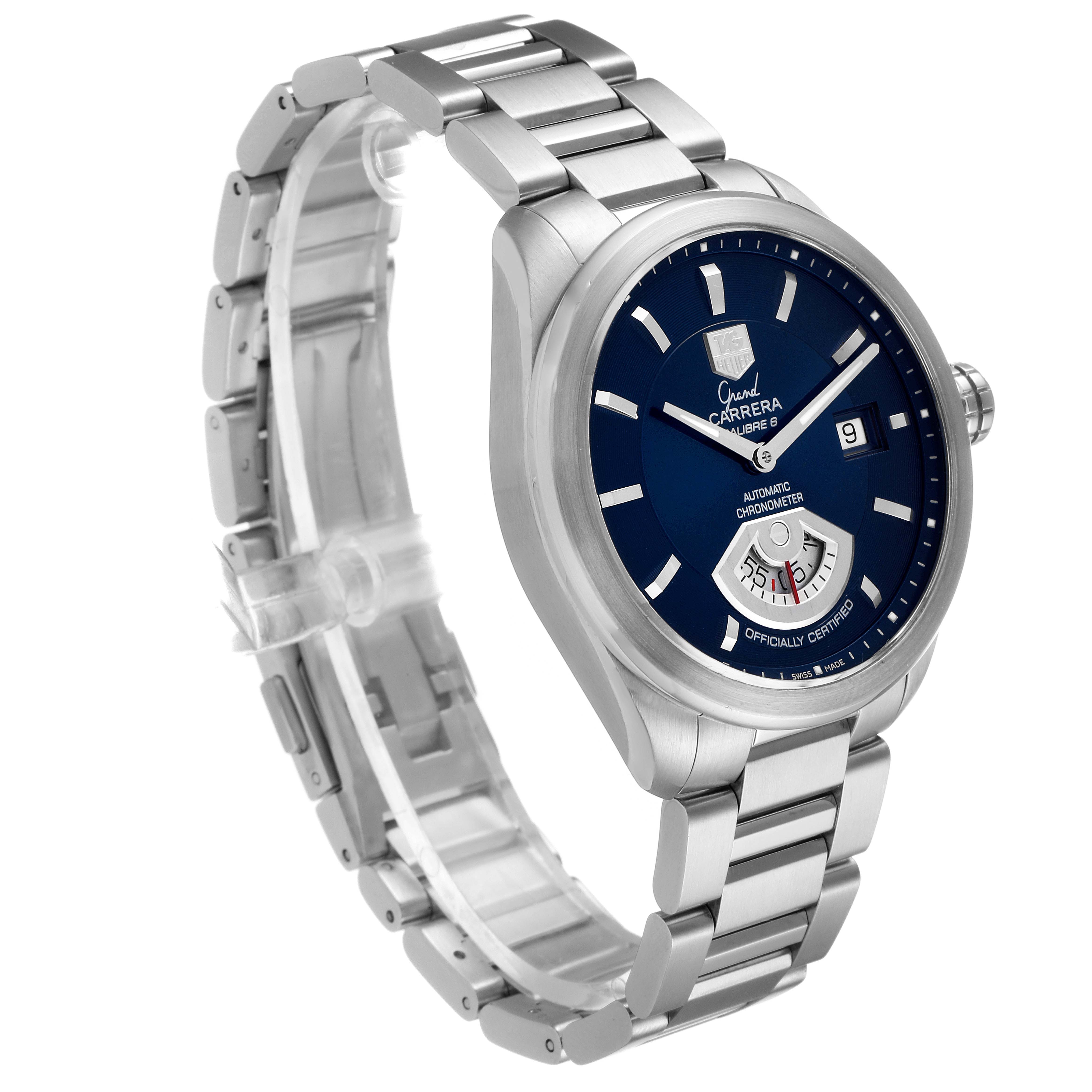 The Tag Heuer Carrera WAV511J.BA0900 Men
s Stainless Steel Blue Dial WAV511J.BA0900 Men
s Stainless Steel Blue Dial watch is shown at an angled side view, displaying its bracelet, case, dial, and crown.