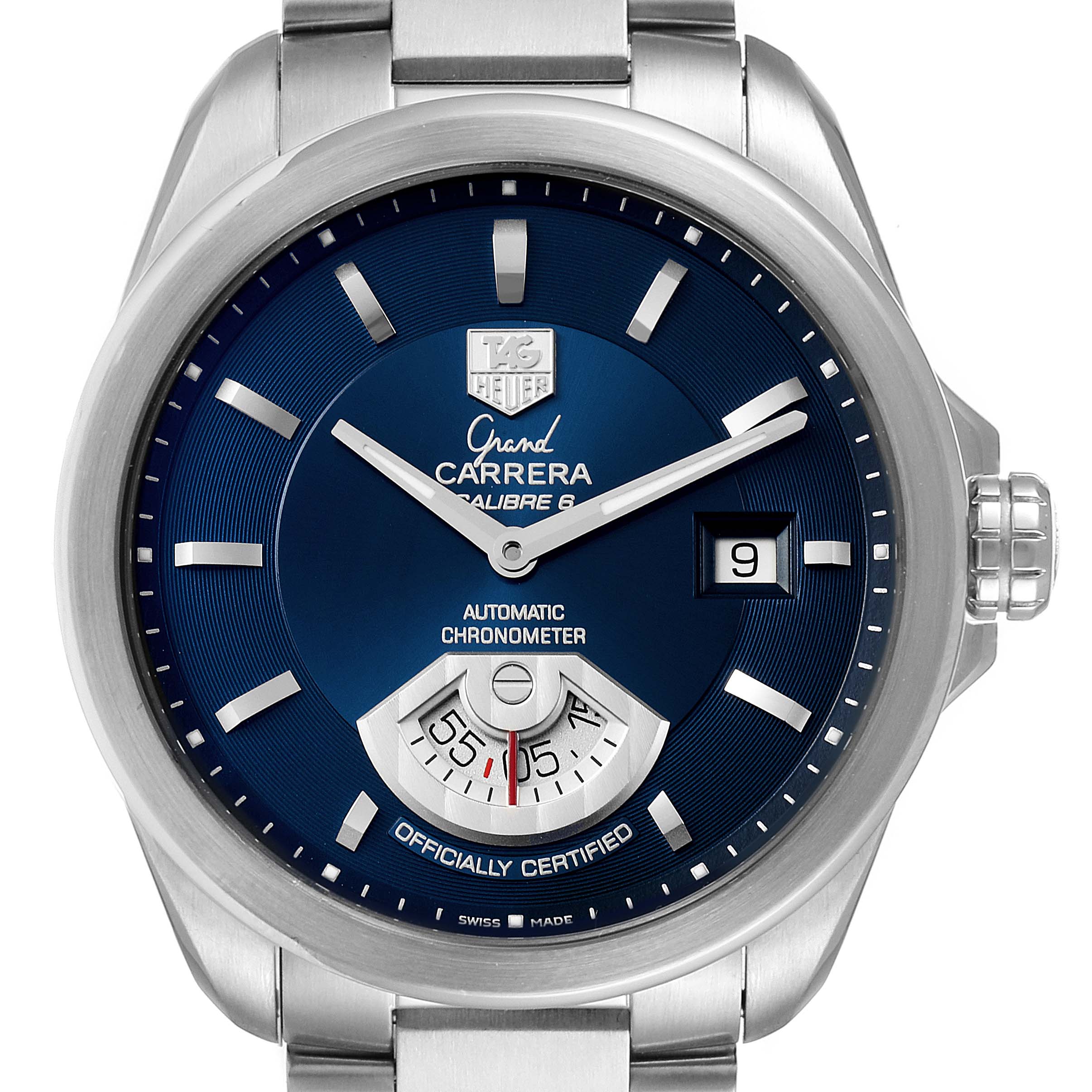 The image shows a frontal view of the Tag Heuer Carrera WAV511J.BA0900 Men
s Stainless Steel Blue Dial WAV511J.BA0900 Men
s Stainless Steel Blue Dial watch, highlighting its blue dial, date window, and stainless steel bracelet.