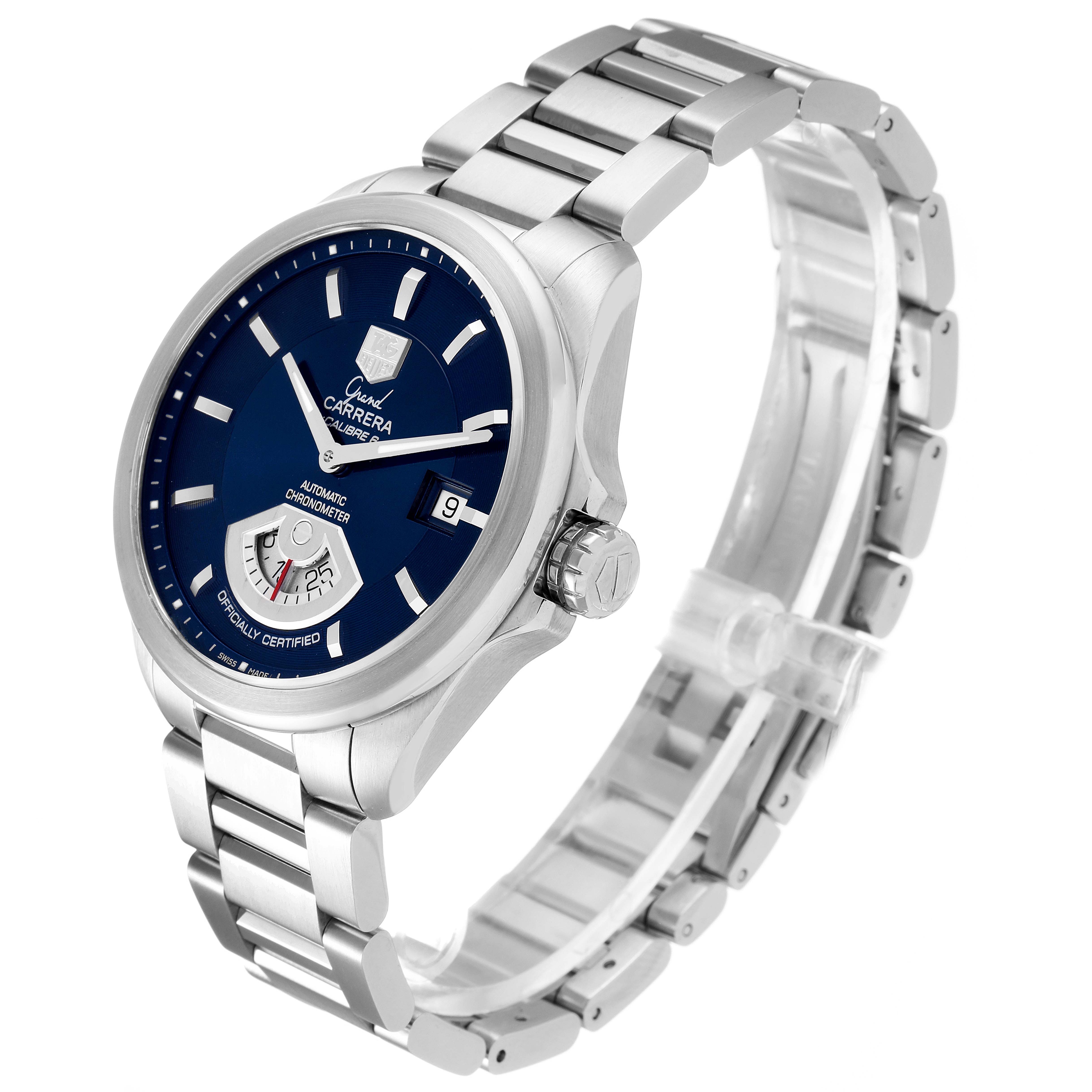 The Tag Heuer Carrera WAV511J.BA0900 Men
s Stainless Steel Blue Dial WAV511J.BA0900 Men
s Stainless Steel Blue Dial watch is shown from an angled perspective, highlighting its face, case, and bracelet.