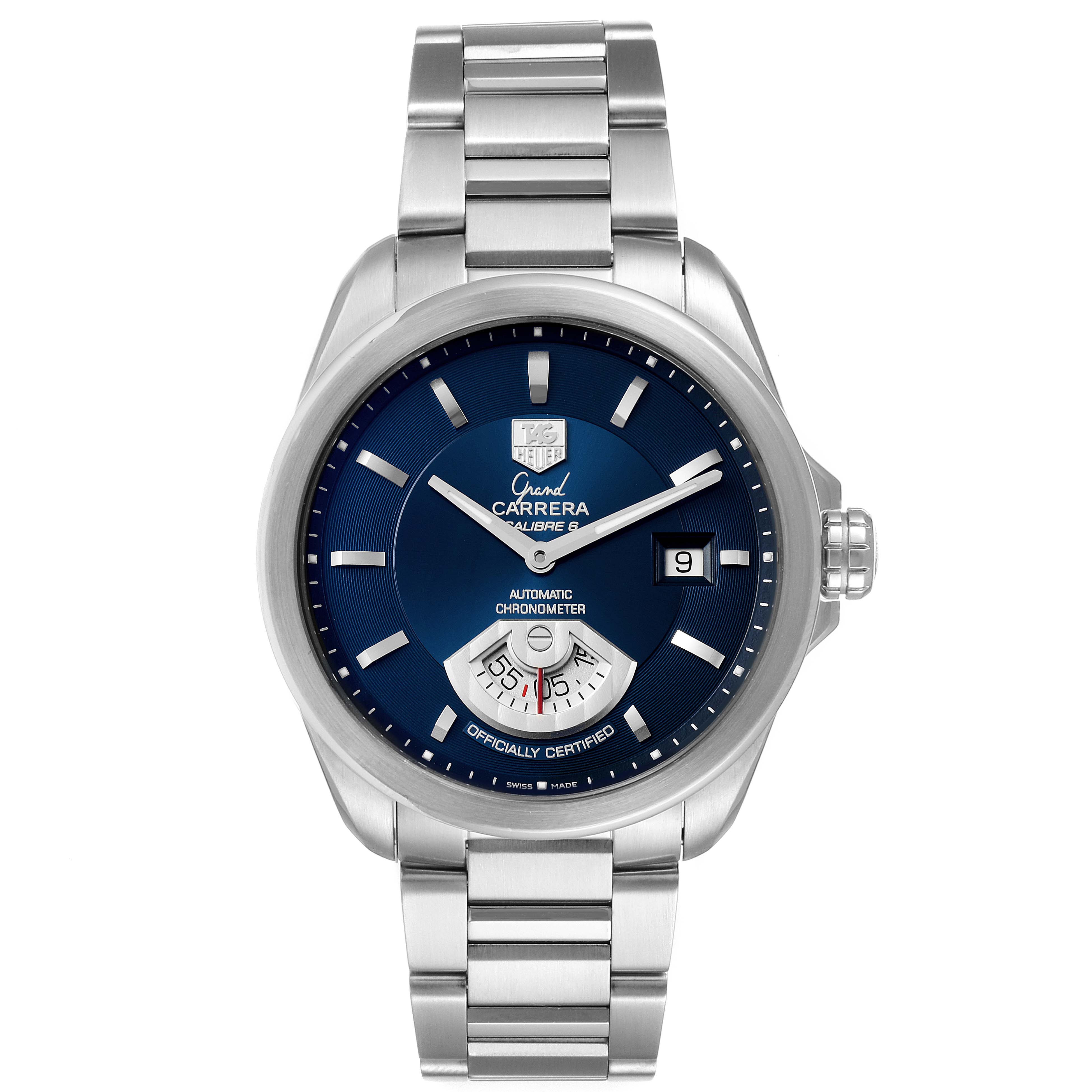 The Tag Heuer Carrera WAV511J.BA0900 Men
s Stainless Steel Blue Dial WAV511J.BA0900 Men
s Stainless Steel Blue Dial watch is shown from a front angle, highlighting its blue dial, steel bracelet, and date function.