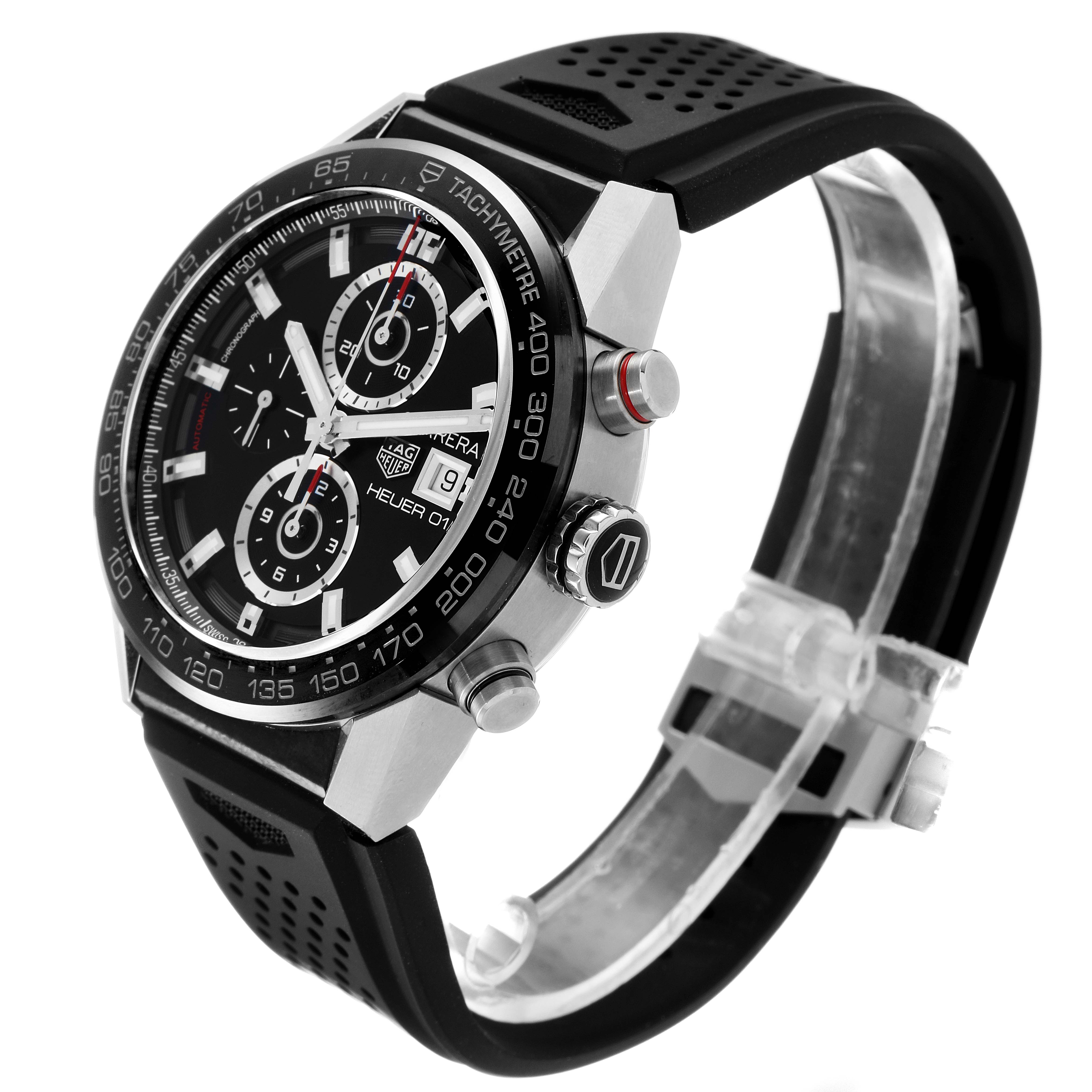 The Tag Heuer Carrera CAR201Z.BA0714 Men
s Stainless Steel Black Dial CAR201Z.BA0714 Men
s Stainless Steel Black Dial model watch is displayed at a three-quarters angle, showing its face, crown, pushers, and rubber strap.