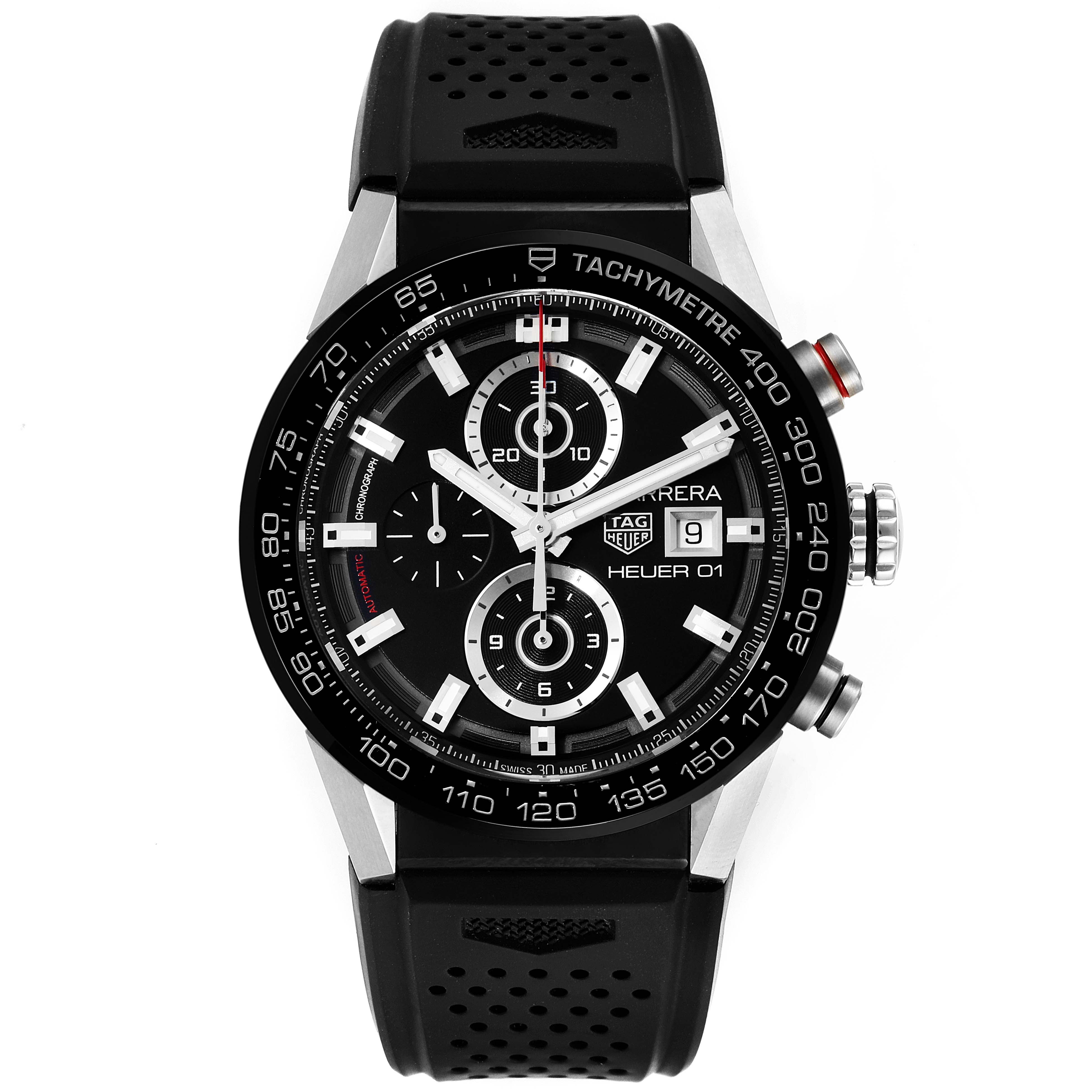 The image shows a front view of the Tag Heuer Carrera CAR201Z.BA0714 Men
s Stainless Steel Black Dial CAR201Z.BA0714 Men
s Stainless Steel Black Dial watch, displaying its dial, bezel, and strap.