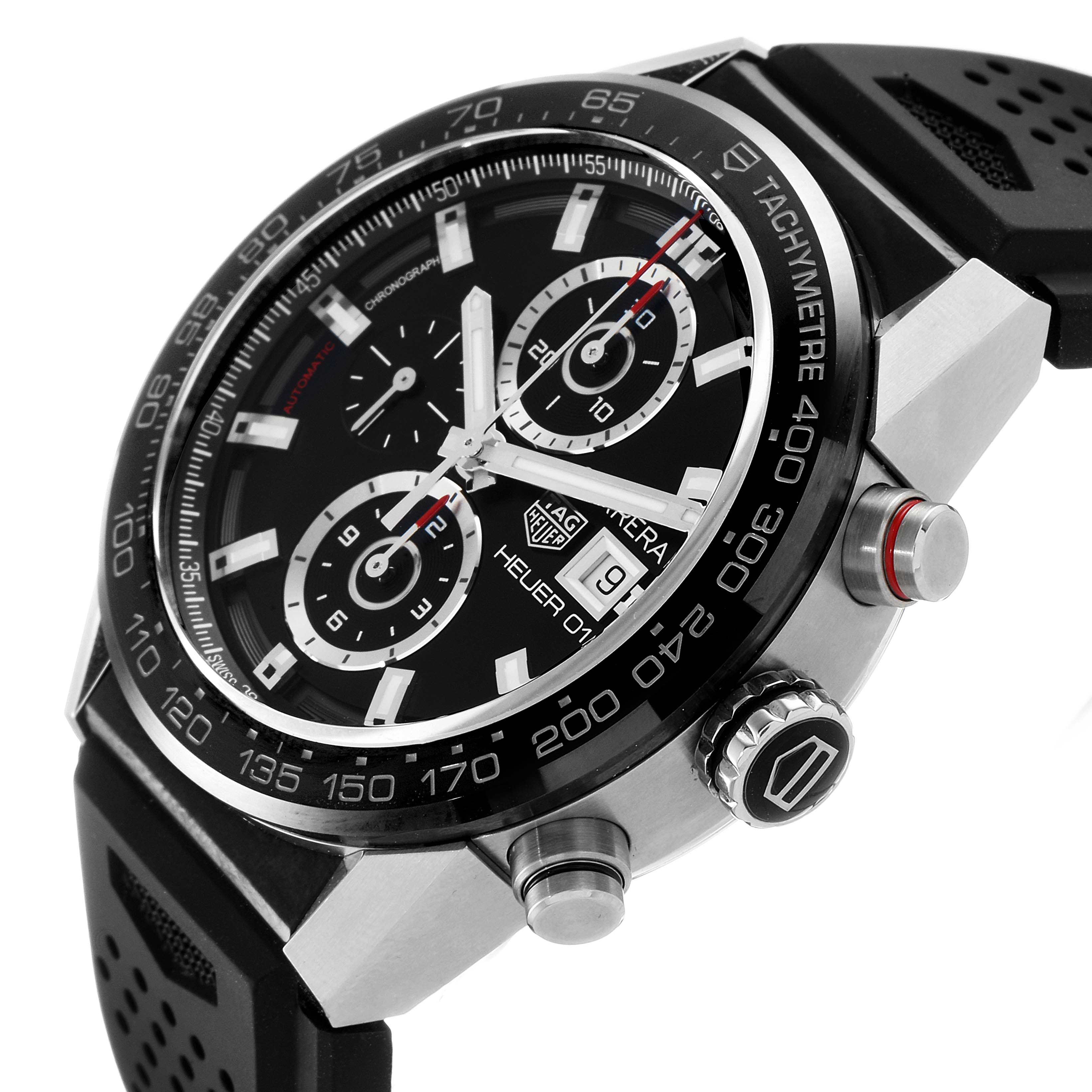 The image shows a side-angle view of the Tag Heuer Carrera CAR201Z.BA0714 Men
s Stainless Steel Black Dial CAR201Z.BA0714 Men
s Stainless Steel Black Dial watch, highlighting the dial, bezel, pushers, and crown.