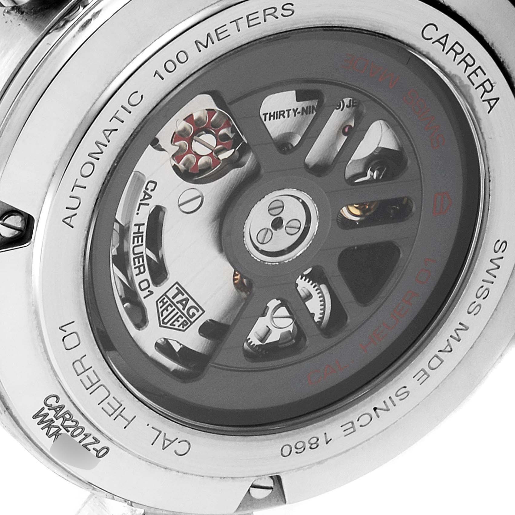 The image shows the back side of a Tag Heuer Carrera CAR201Z.BA0714 Men
s Stainless Steel Black Dial CAR201Z.BA0714 Men
s Stainless Steel Black Dial watch, highlighting the visible movement and rotor.