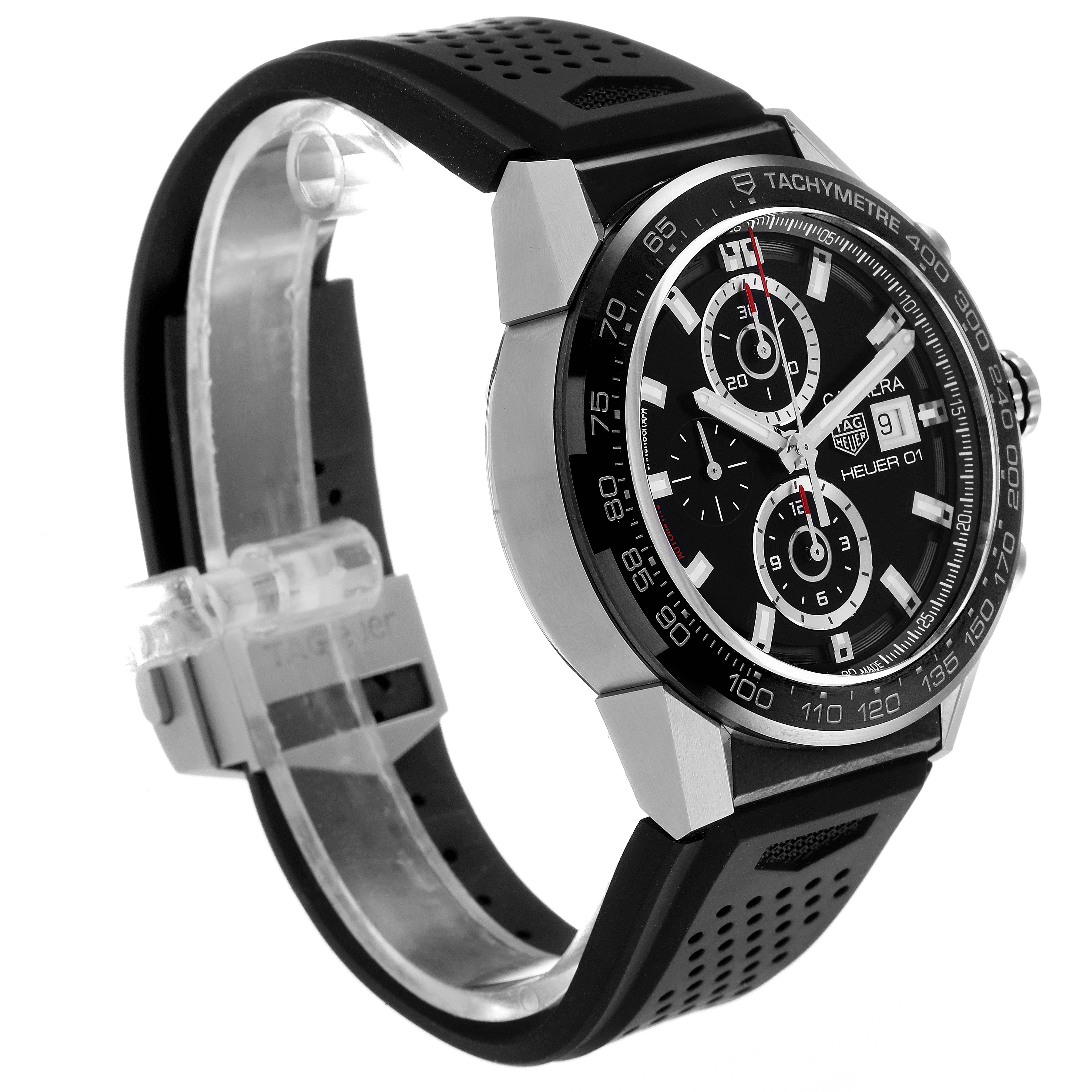 This image shows a side view of the Tag Heuer Carrera CAR201Z.BA0714 Men
s Stainless Steel Black Dial CAR201Z.BA0714 Men
s Stainless Steel Black Dial watch, highlighting its black dial, tachymeter bezel, and black strap.