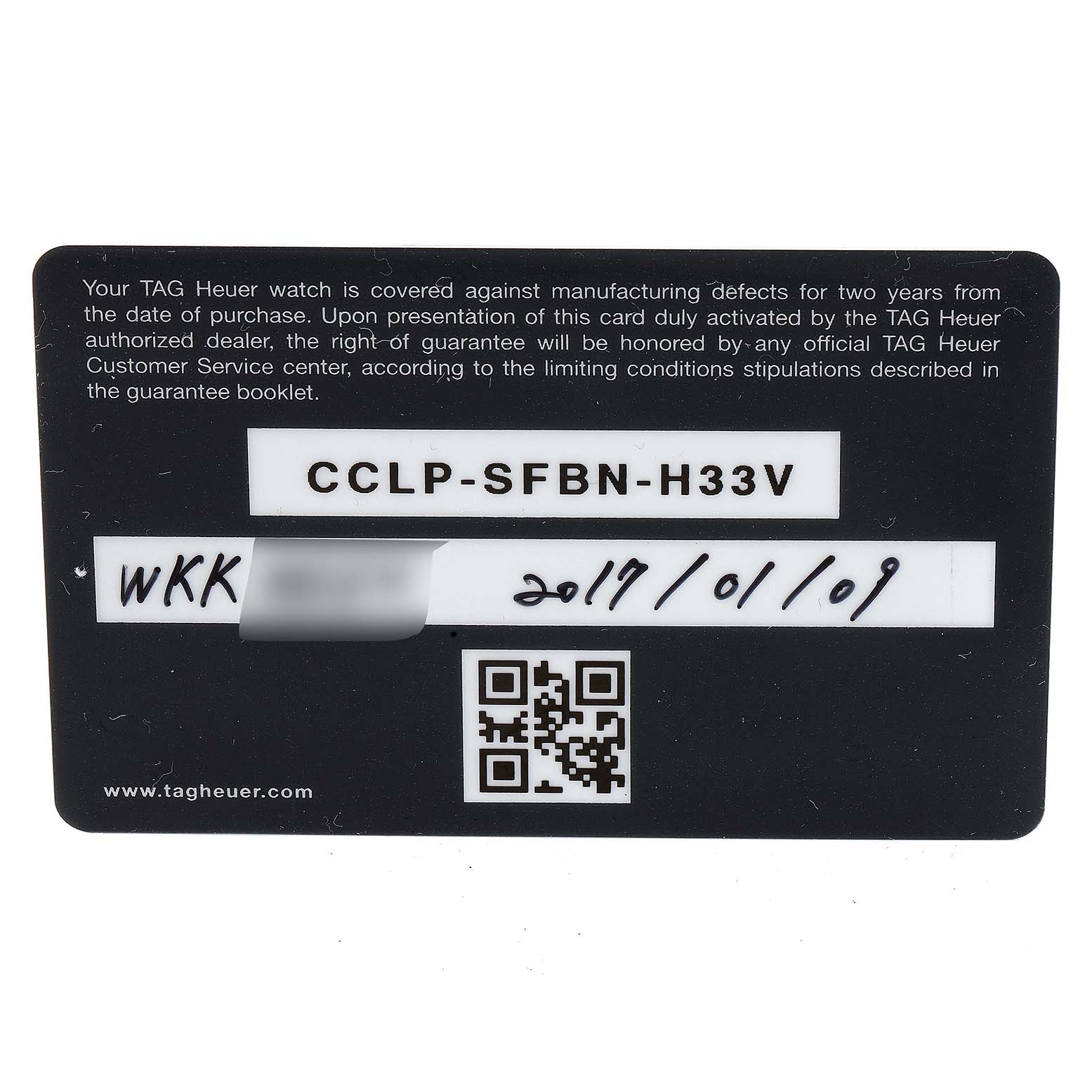 This is a warranty card for a Tag Heuer Carrera CAR201Z.BA0714 Men
s Stainless Steel Black Dial CAR201Z.BA0714 Men
s Stainless Steel Black Dial watch, showing serial number, purchase date, and QR code.