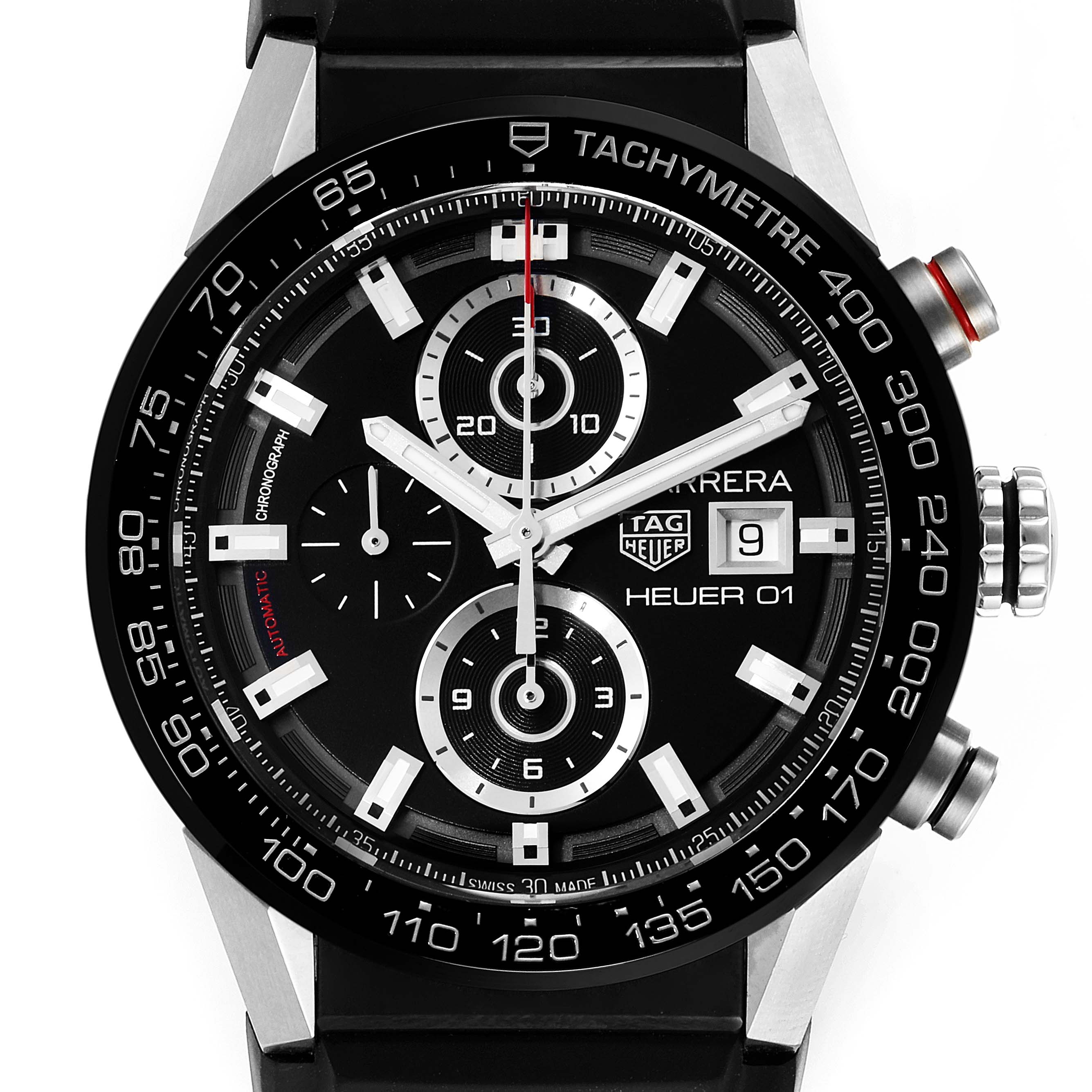 The image shows a front view of the Tag Heuer Carrera CAR201Z.BA0714 Men
s Stainless Steel Black Dial CAR201Z.BA0714 Men
s Stainless Steel Black Dial watch, highlighting its chronograph, date display, and tachymeter bezel.