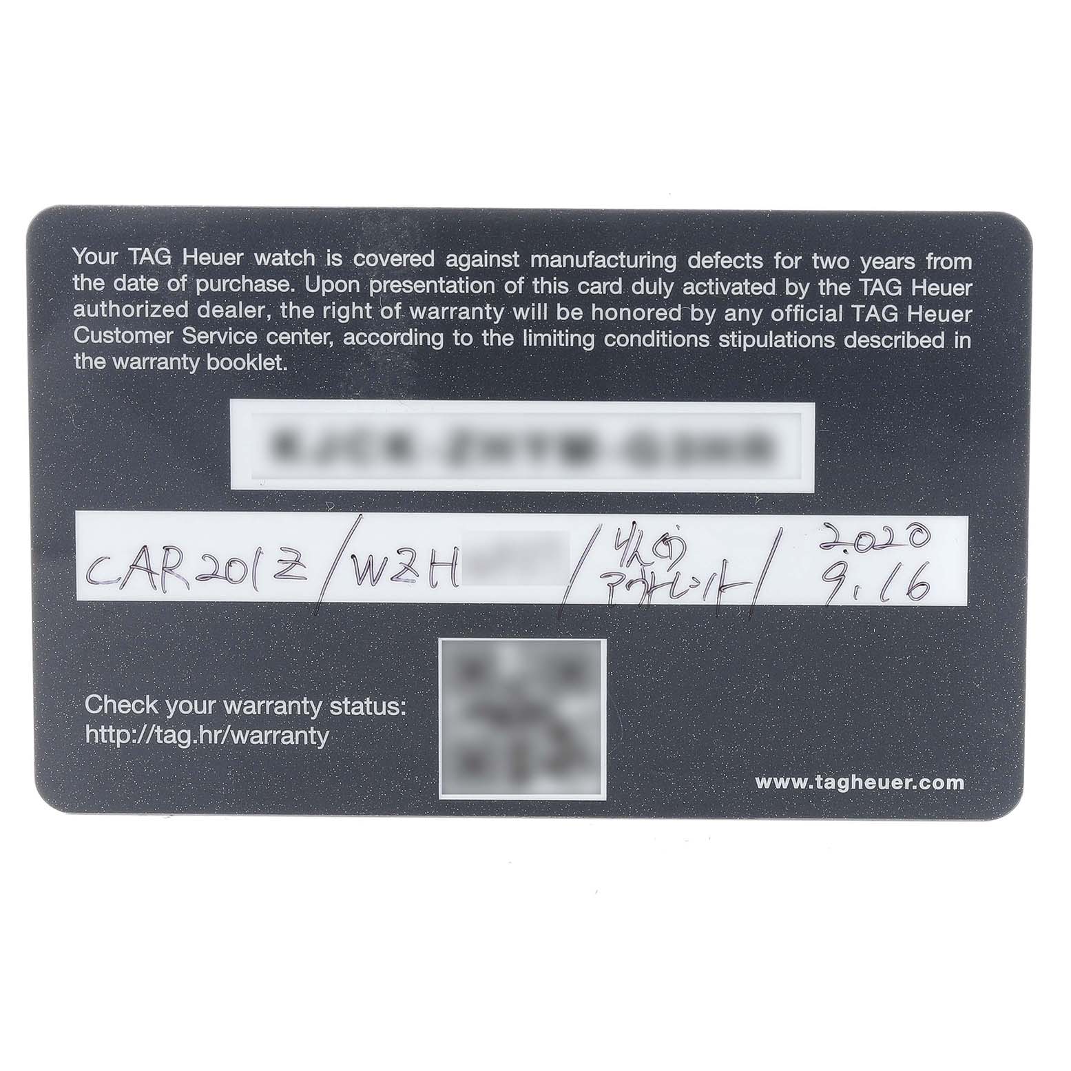 The image shows a warranty card for a Tag Heuer Carrera CAR201Z.BA0714 Men's Stainless Steel Black Dial CAR201Z.BA0714 Men's Stainless Steel Black Dial watch model CAR201Z.