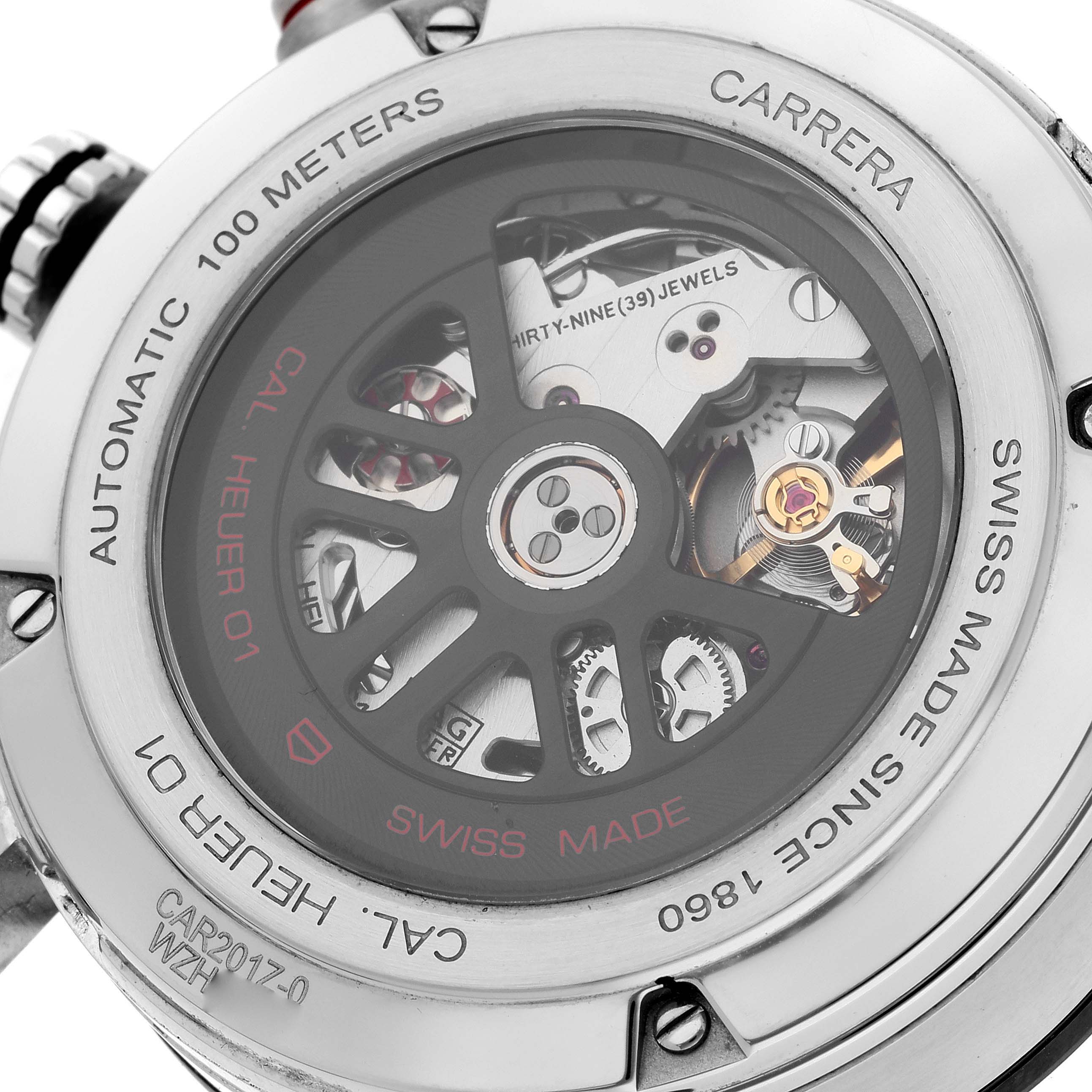 The image shows the back view of a Tag Heuer Carrera CAR201Z.BA0714 Men's Stainless Steel Black Dial CAR201Z.BA0714 Men's Stainless Steel Black Dial model watch, highlighting its automatic movement and internal mechanism.