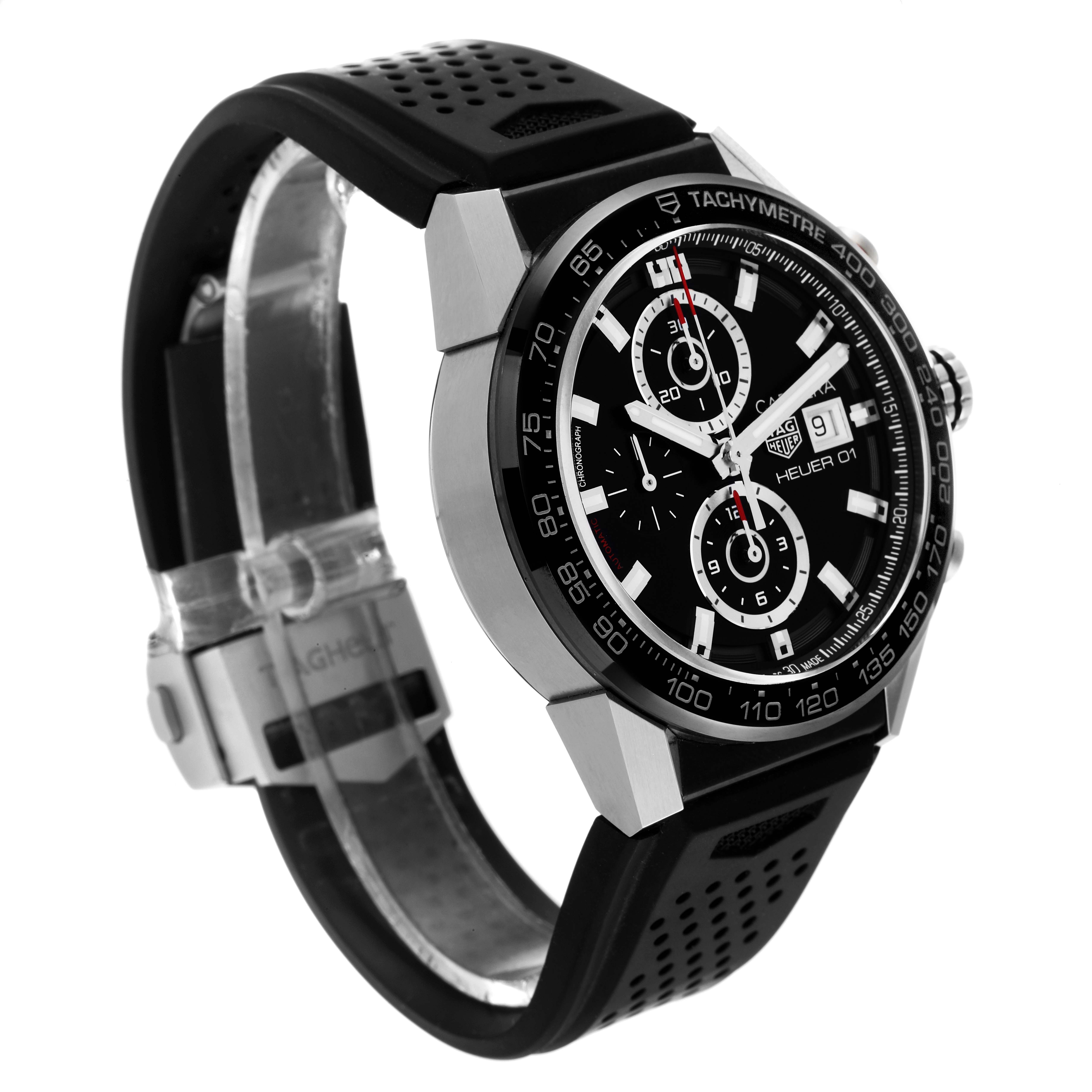 The image shows a Tag Heuer Carrera CAR201Z.BA0714 Men's Stainless Steel Black Dial CAR201Z.BA0714 Men's Stainless Steel Black Dial watch at a three-quarter angle, highlighting the face, bezel, and strap.