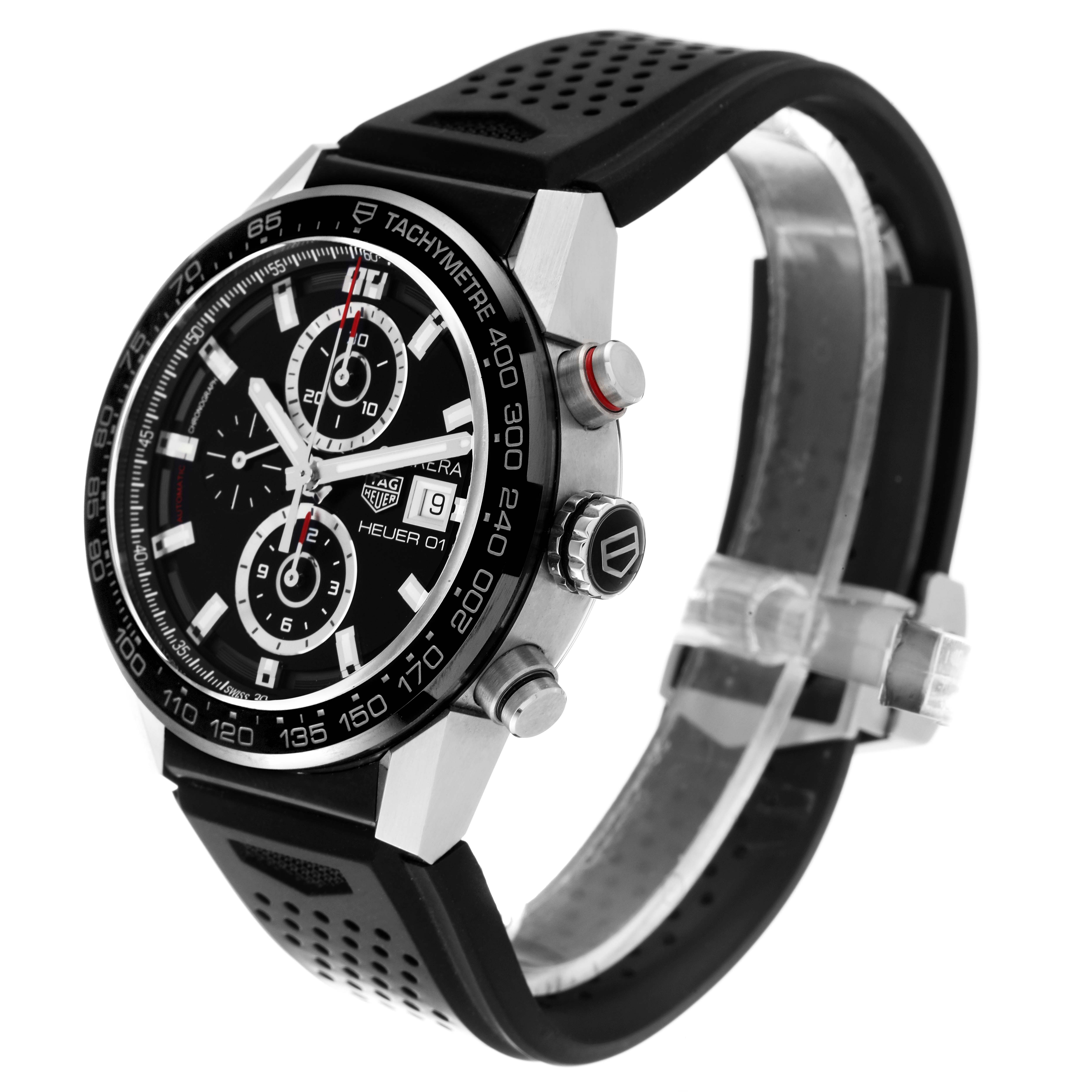 The image shows a side angle view of a Tag Heuer Carrera CAR201Z.BA0714 Men's Stainless Steel Black Dial CAR201Z.BA0714 Men's Stainless Steel Black Dial watch, highlighting its dial, bezel, crown, and strap.