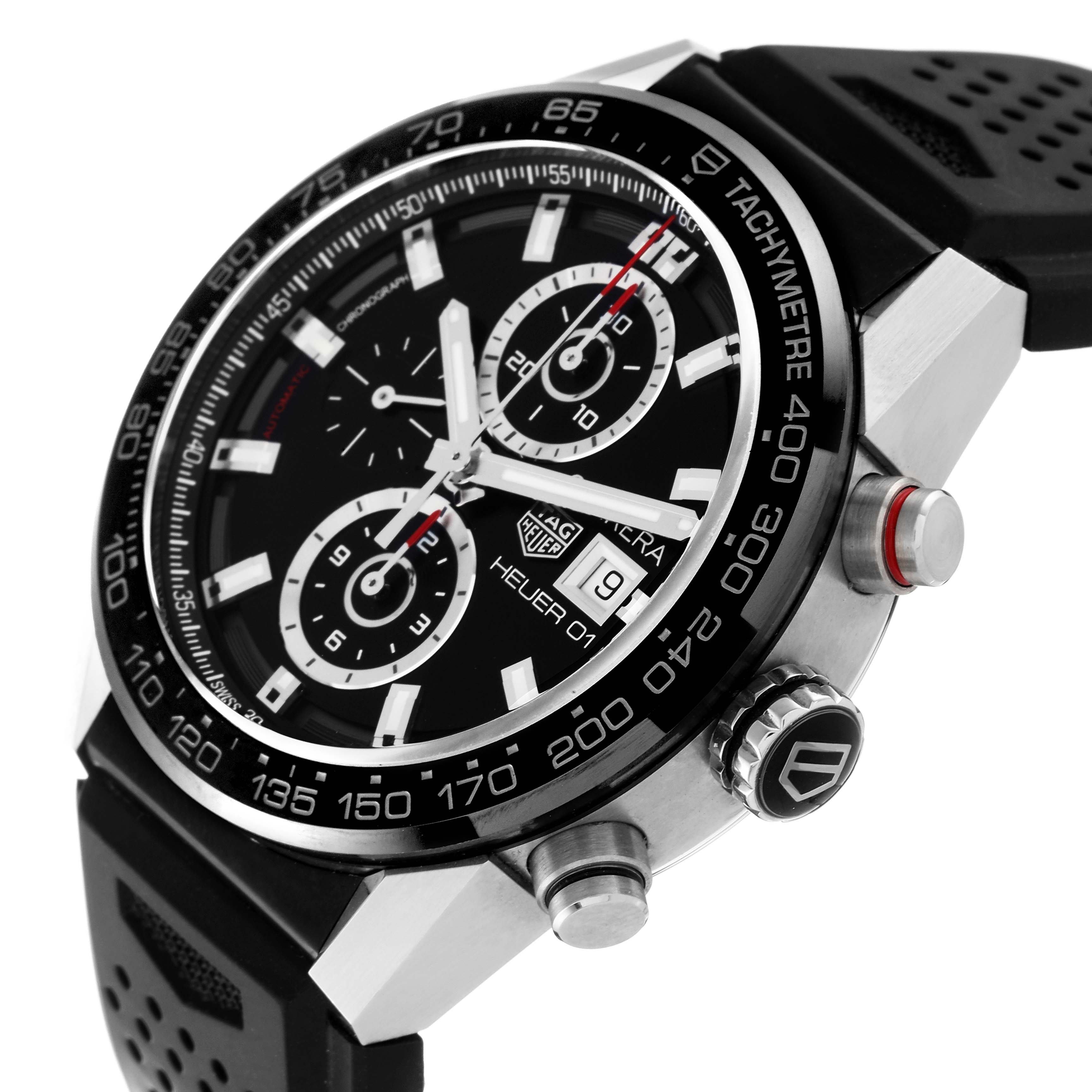 The image showcases a Tag Heuer Carrera CAR201Z.BA0714 Men's Stainless Steel Black Dial CAR201Z.BA0714 Men's Stainless Steel Black Dial watch at an angled close-up, highlighting the dial, subdials, tachymeter bezel, and pushers.