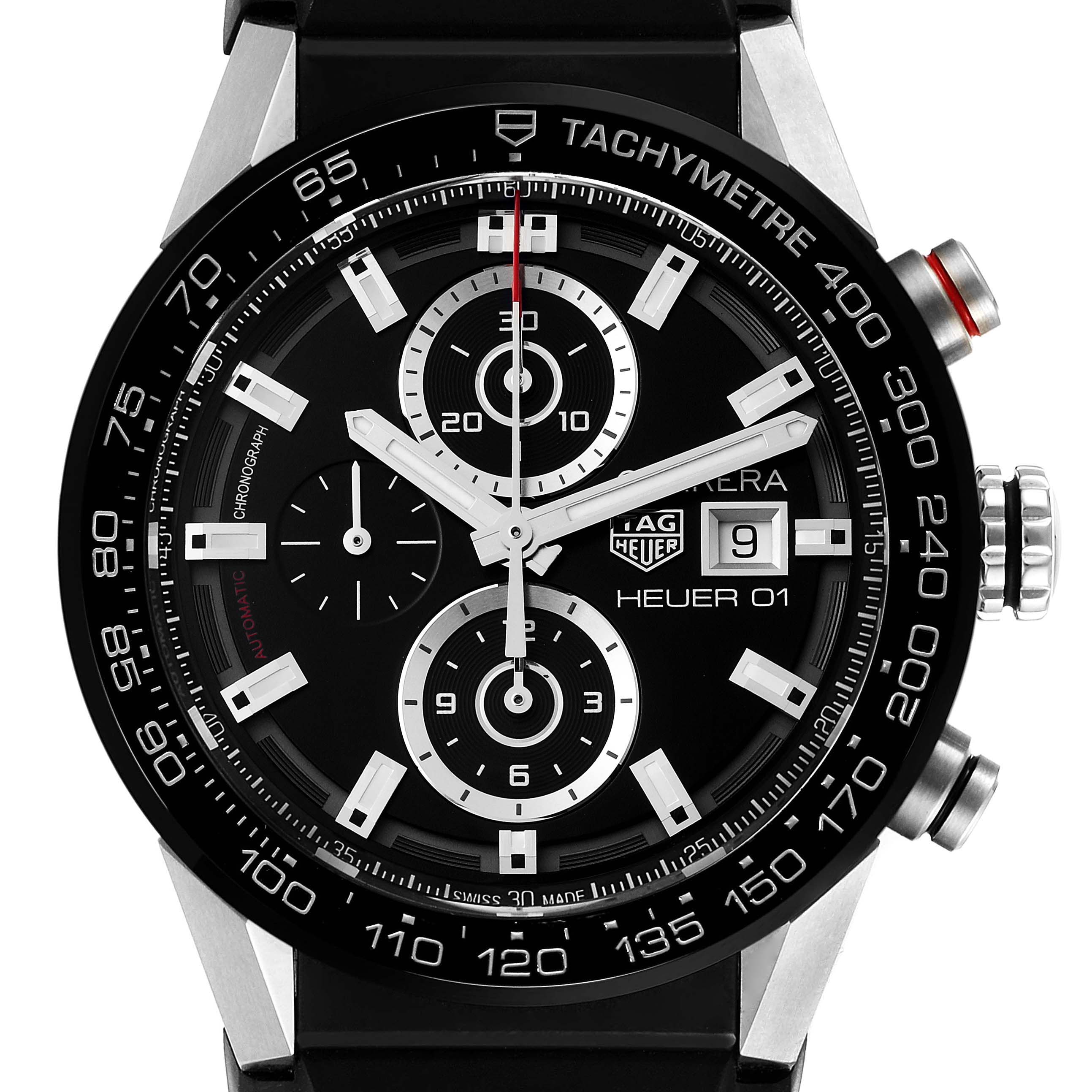 This image shows a Tag Heuer Carrera CAR201Z.BA0714 Men's Stainless Steel Black Dial CAR201Z.BA0714 Men's Stainless Steel Black Dial watch face featuring subdials, a date window, and a tachymeter bezel.
