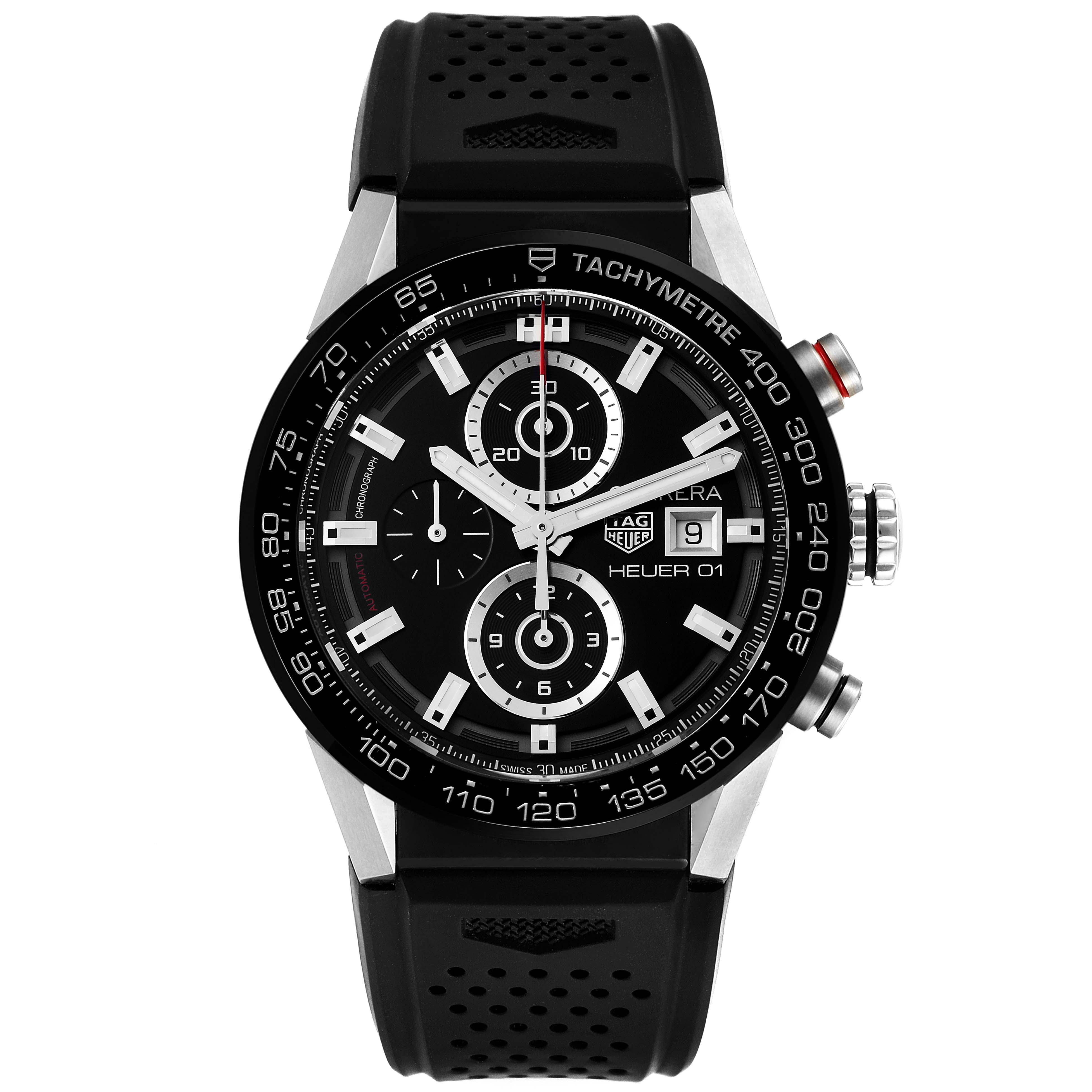 The image shows a front view of a Tag Heuer Carrera CAR201Z.BA0714 Men's Stainless Steel Black Dial CAR201Z.BA0714 Men's Stainless Steel Black Dial watch highlighting the face, bezel, and strap.