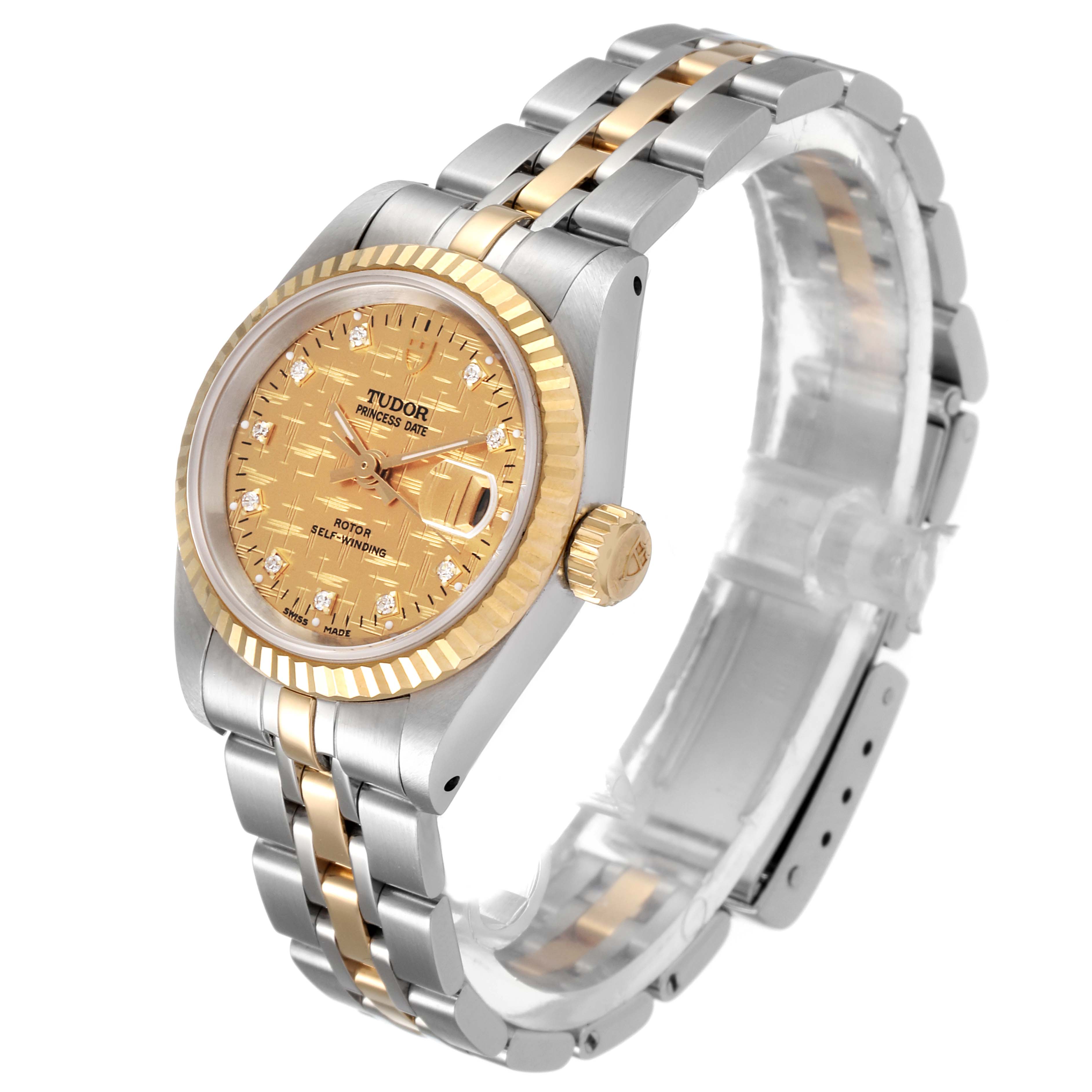 The Tudor Princess 92413 Women's Steel and Gold (two tone) Champagne Dial 92413 Women's Steel and Gold (two tone) Champagne Dial Date watch is shown at a three-quarter angle, displaying the dial, bracelet, and crown.