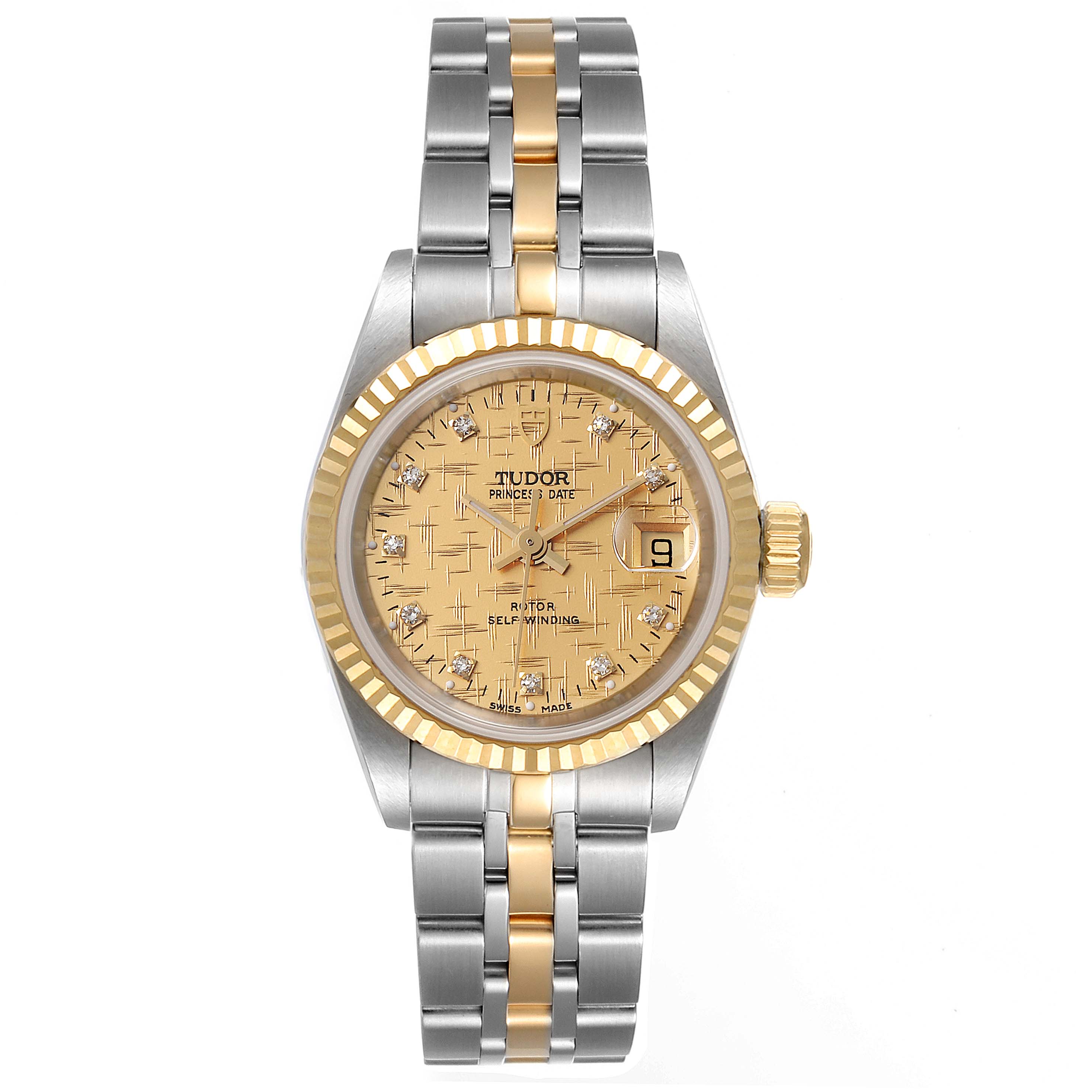The image shows a front view of the Tudor Princess 92413 Women's Steel and Gold (two tone) Champagne Dial 92413 Women's Steel and Gold (two tone) Champagne Dial model watch, featuring a two-tone metal bracelet and a gold dial.