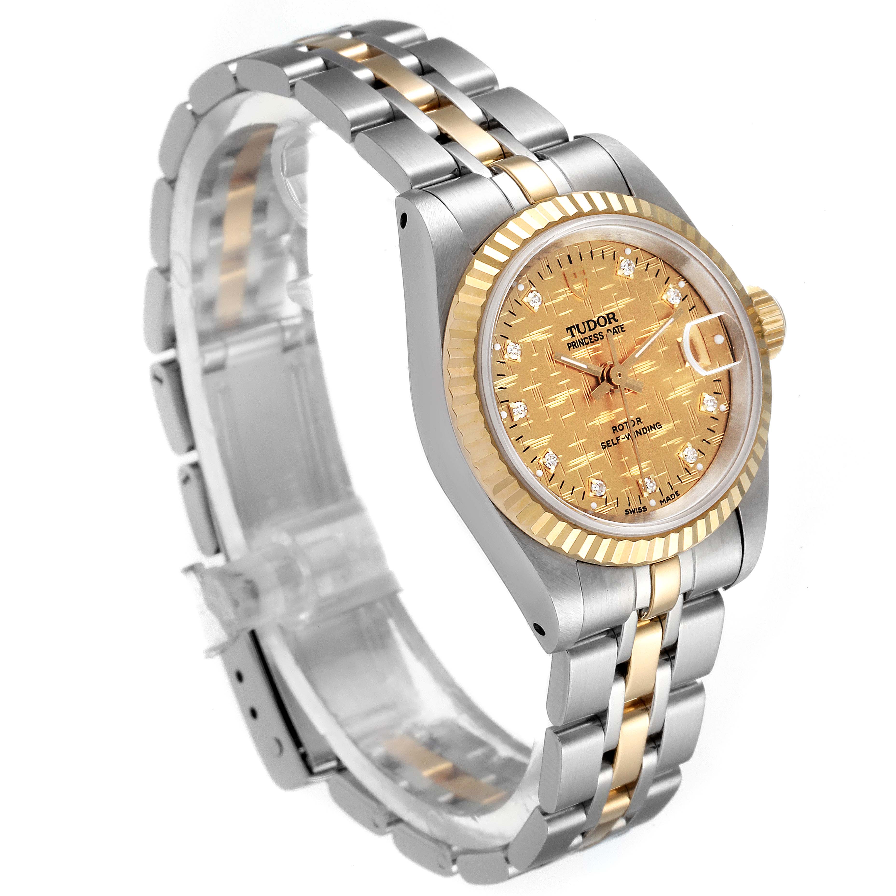 The image shows the Tudor Princess 92413 Women's Steel and Gold (two tone) Champagne Dial 92413 Women's Steel and Gold (two tone) Champagne Dial model watch from an angled side view, highlighting the face, bezel, and two-tone bracelet.