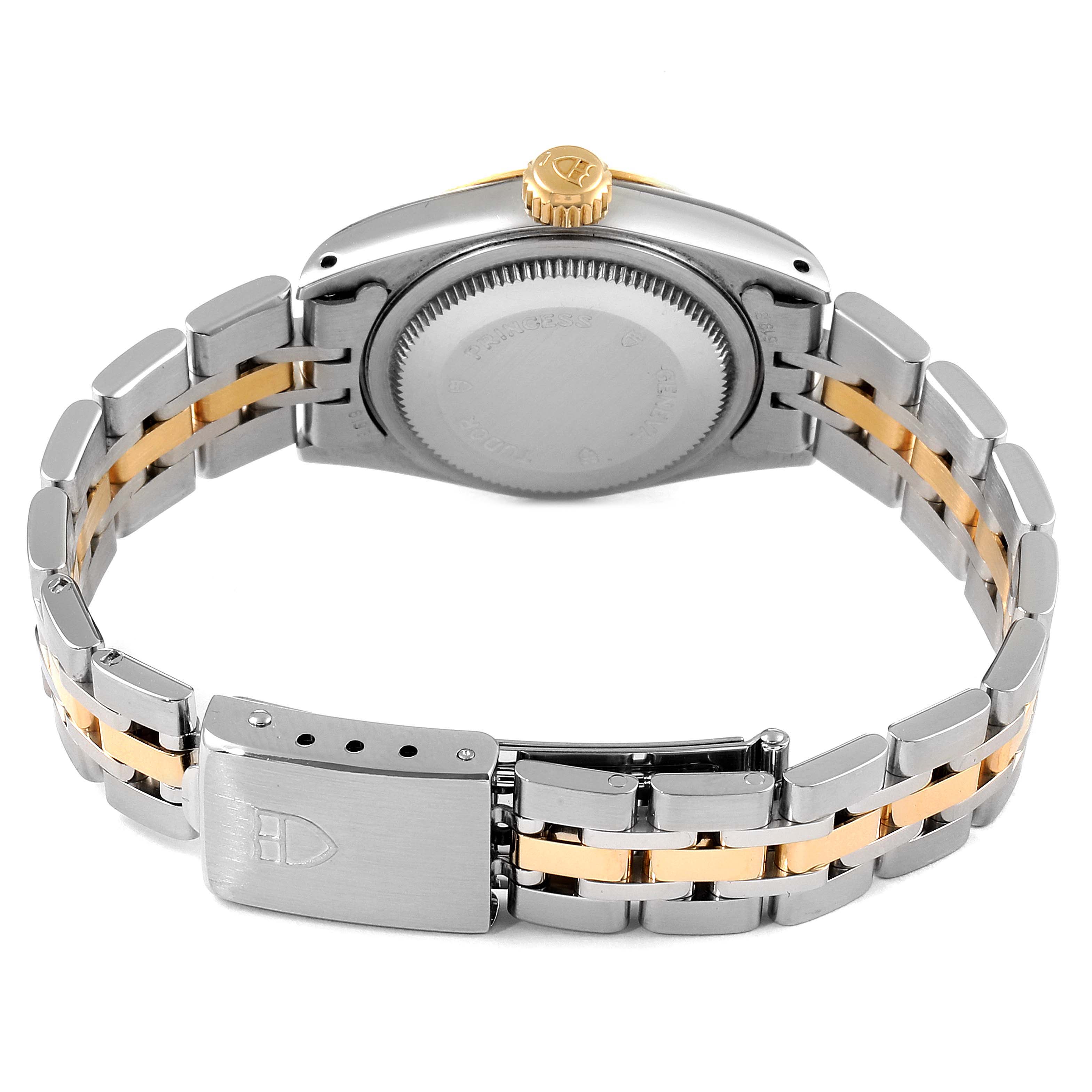 This image shows the back view of the Tudor Princess 92413 Women's Steel and Gold (two tone) Champagne Dial 92413 Women's Steel and Gold (two tone) Champagne Dial model watch, highlighting its case back and two-tone metal bracelet.