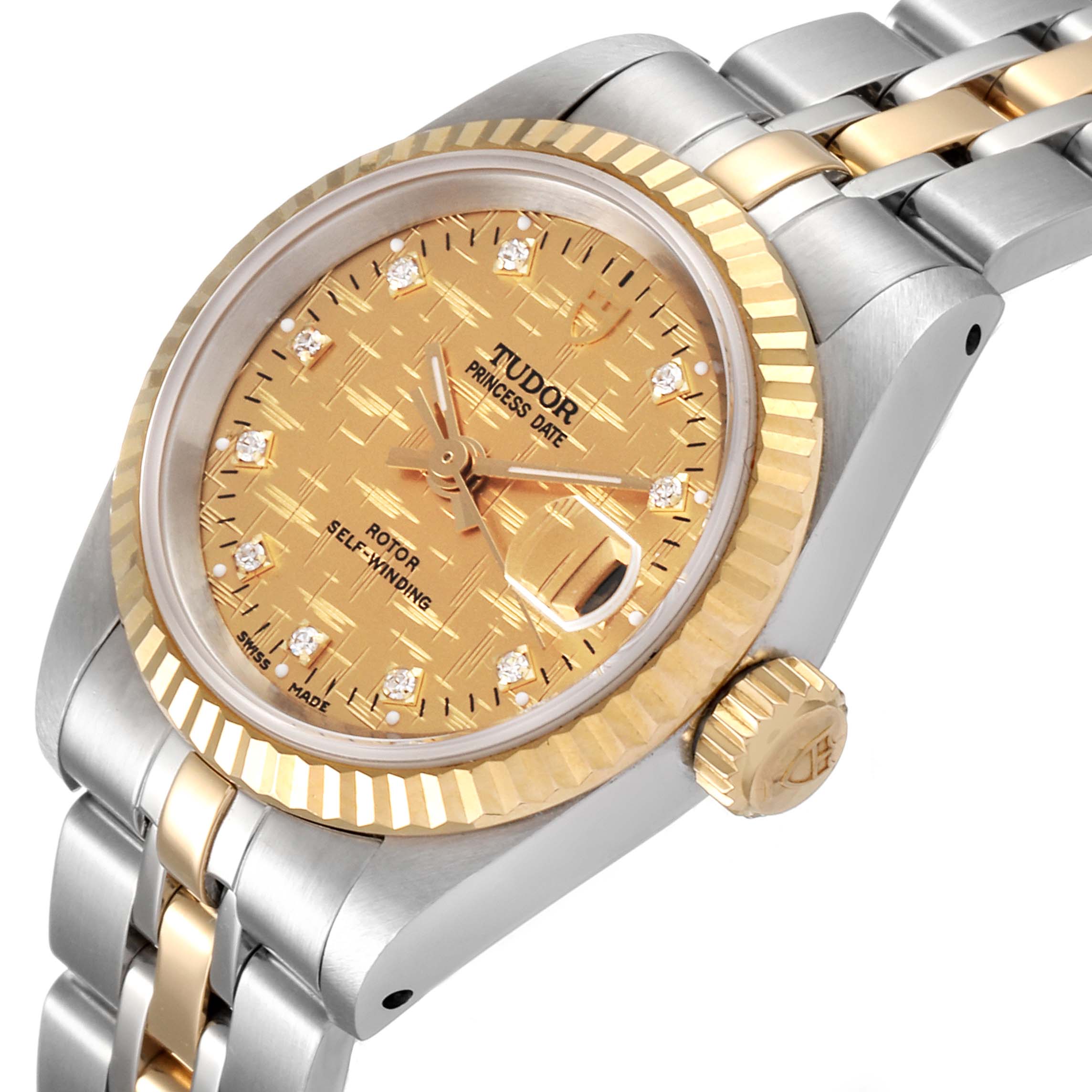 The image shows a Tudor Princess 92413 Women's Steel and Gold (two tone) Champagne Dial 92413 Women's Steel and Gold (two tone) Champagne Dial model watch at an angled view, highlighting the dial, bezel, crown, and bracelet.