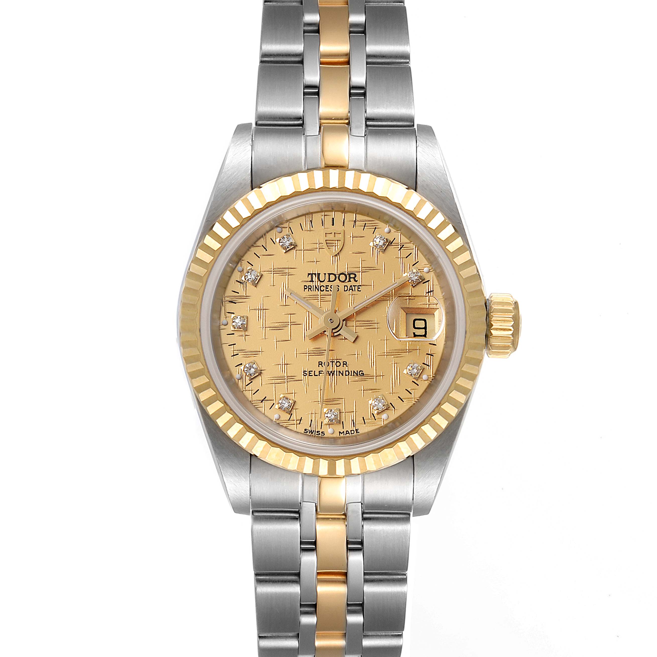 The Tudor Princess 92413 Women's Steel and Gold (two tone) Champagne Dial 92413 Women's Steel and Gold (two tone) Champagne Dial model is shown from the front, displaying its two-tone bracelet, gold dial, date window, and diamond markers.