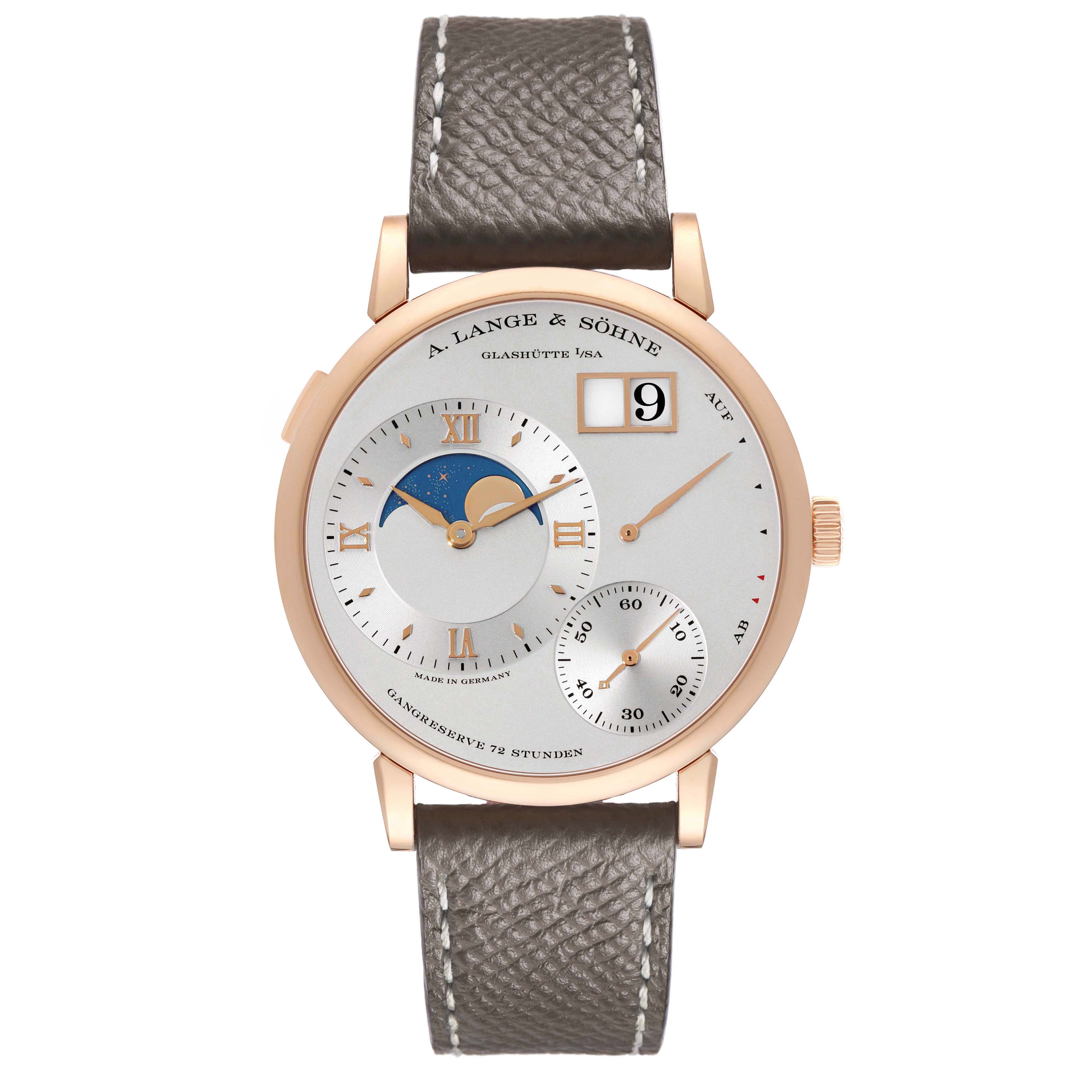 The A. Lange & Sohne Lange 1 139.032 Men's Rose Gold Silver Dial watch is shown from the front, highlighting its dial, moon phase, subdials, and leather strap.