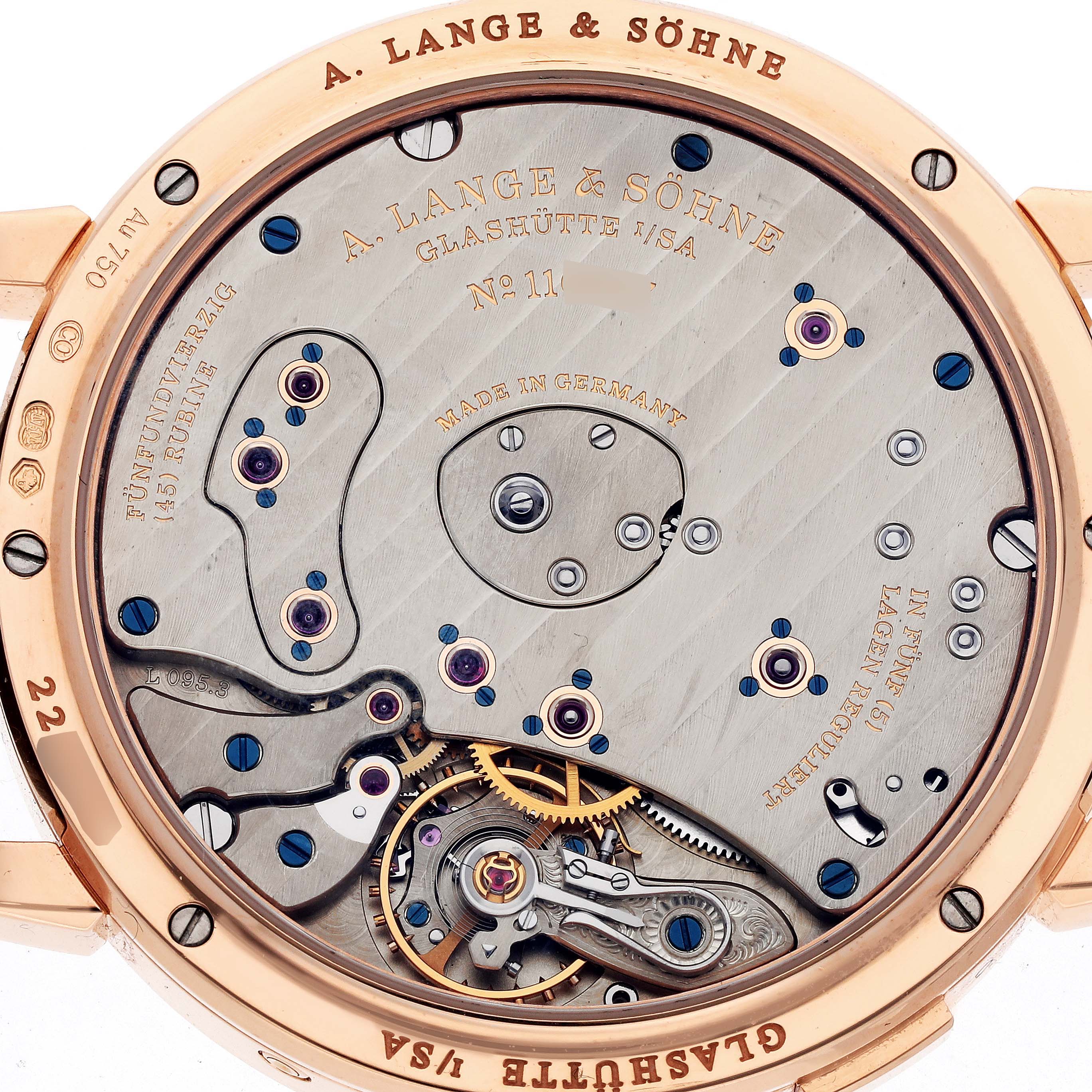 This image shows the back of the Lange 1 watch by A. Lange 
Söhne, highlighting its intricate movement and mechanical components.