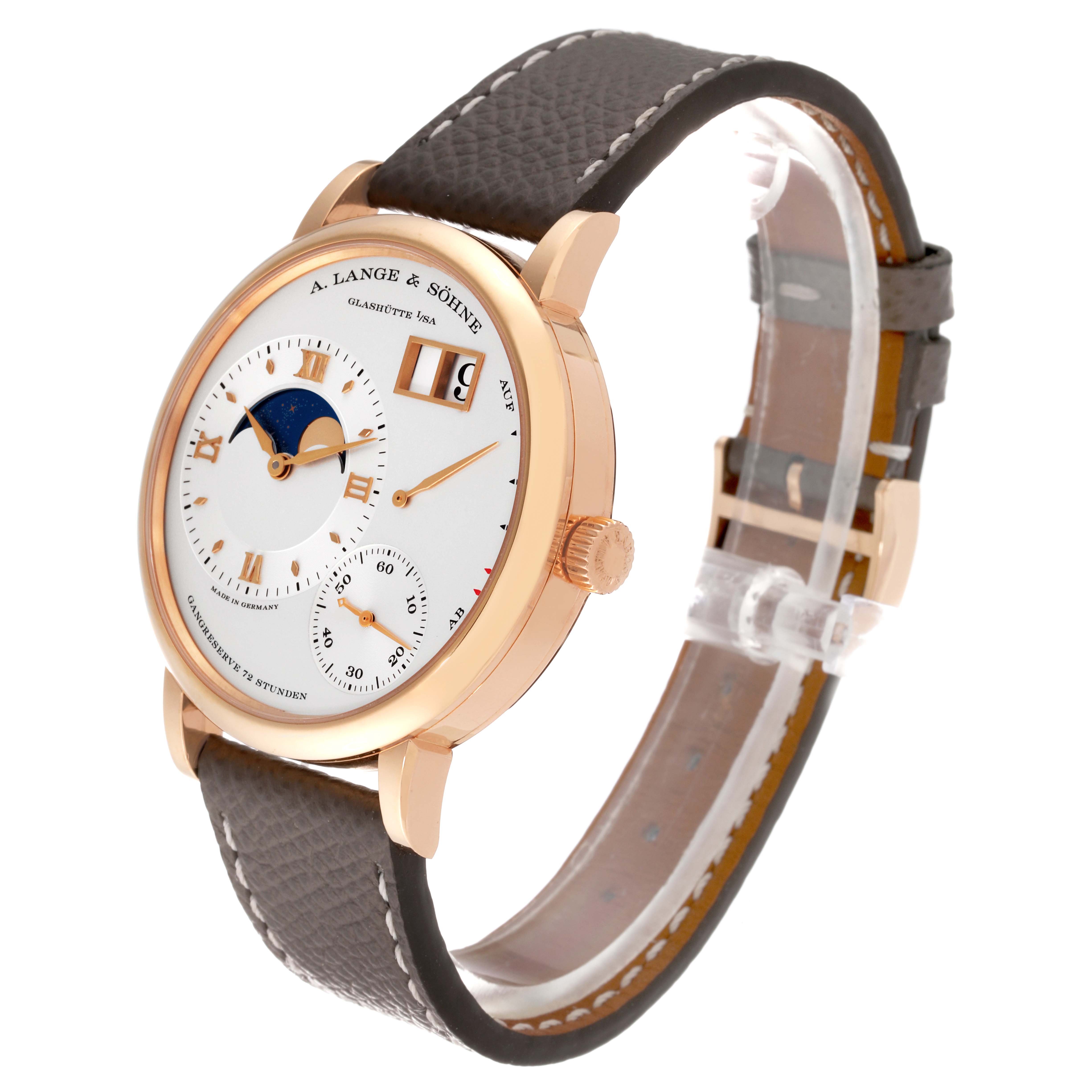 The image shows a side angle of the A. Lange 
Sohne Lange 1 139.032 Men
s Rose Gold Silver Dial watch, displaying its dial, case, crown, and leather strap.