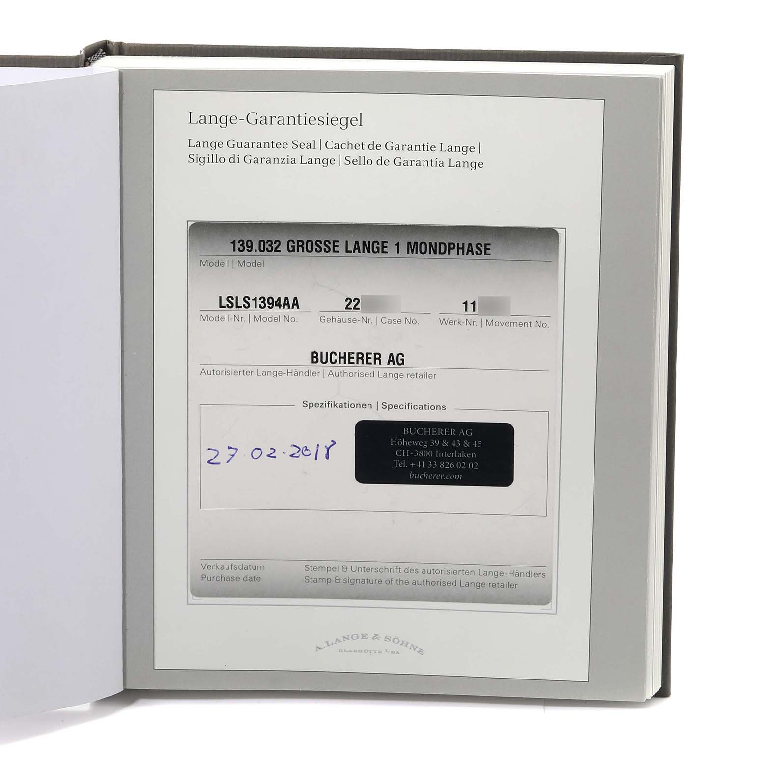 The image shows the warranty card and specifications for an A. Lange 
Sohne Lange 1 139.032 Men
s Rose Gold Silver Dial model, displayed in its documentation folder.