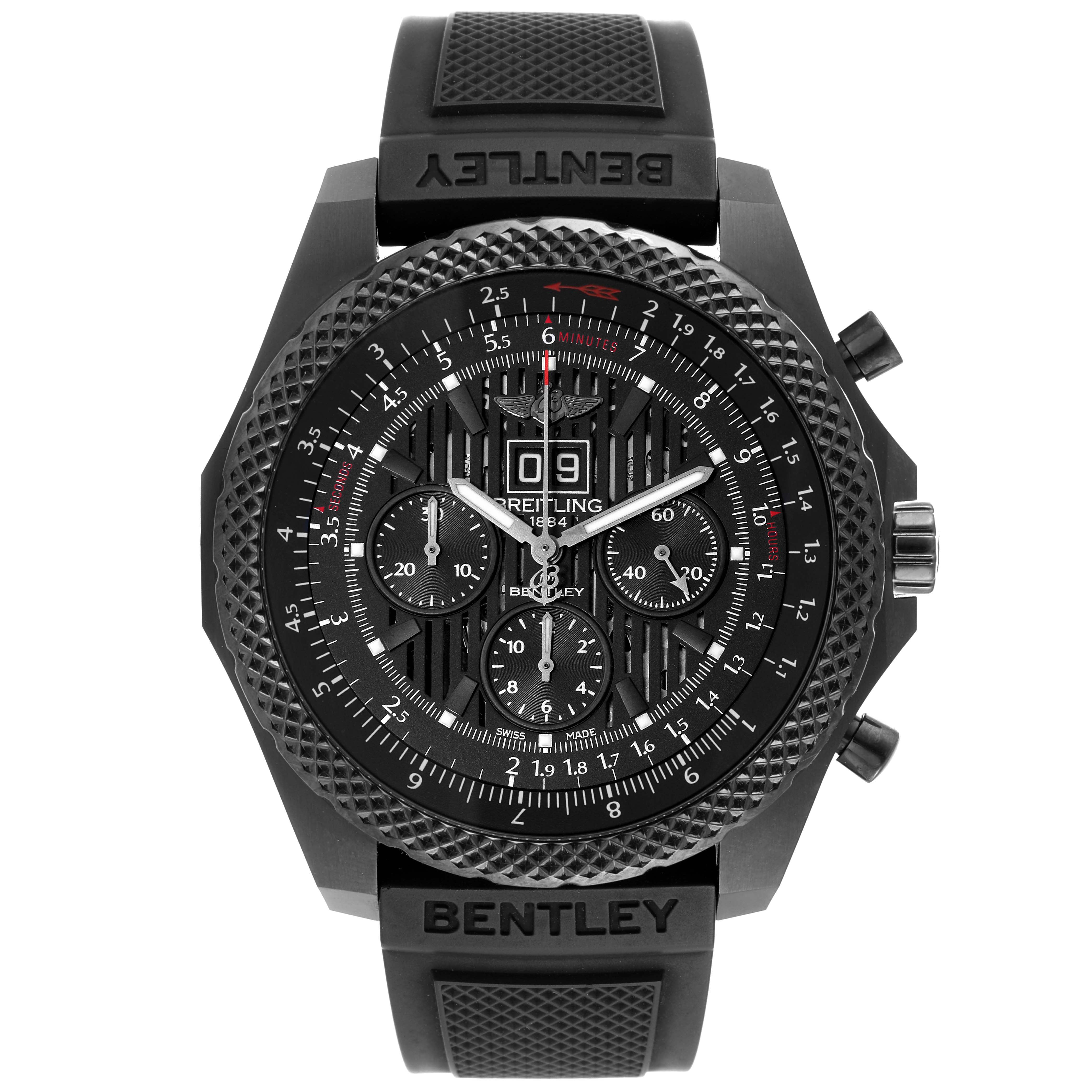 The image shows a front view of a Breitling Bentley M44364 Men's Stainless Steel Black Dial M44364 Men's Stainless Steel Black Dial model watch featuring a black dial, multiple subdials, a date display, and a textured strap.