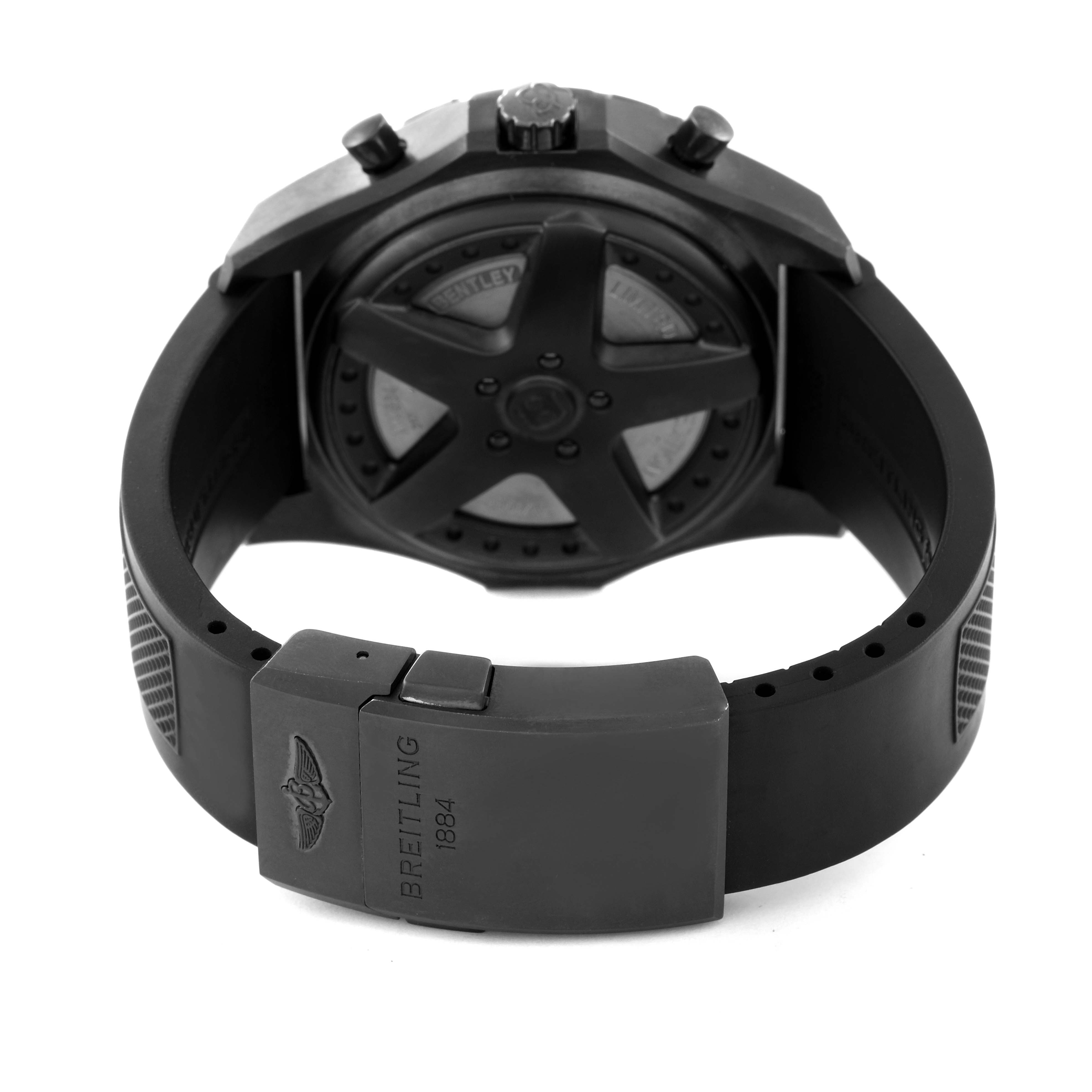 The image shows the backside and clasp of a Bentley model Breitling watch, highlighting the strap and case back details.