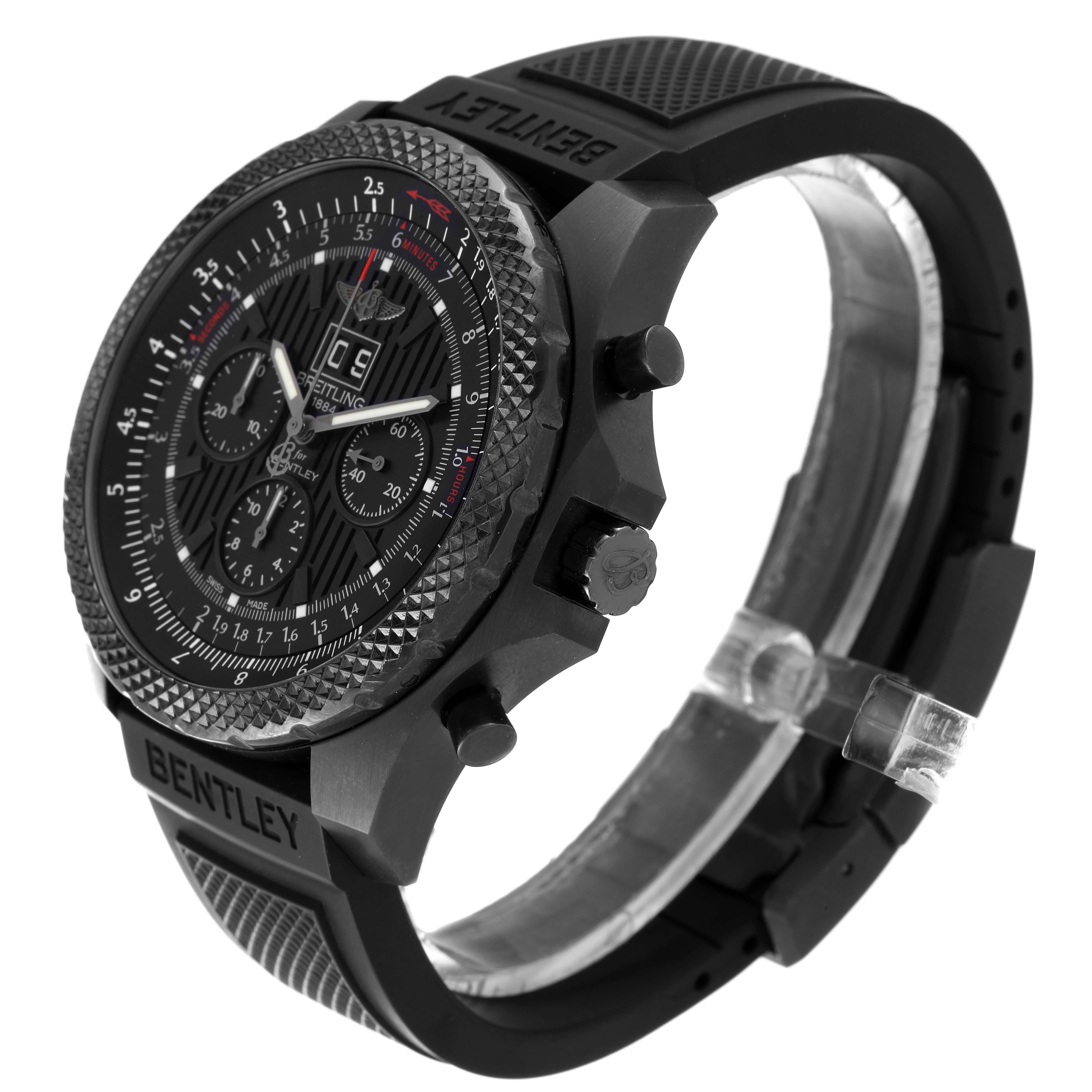 The image shows a side and front angle of the Breitling Bentley M44364 Men's Stainless Steel Black Dial M44364 Men's Stainless Steel Black Dial watch, highlighting its bezel, crown, pushers, and strap.