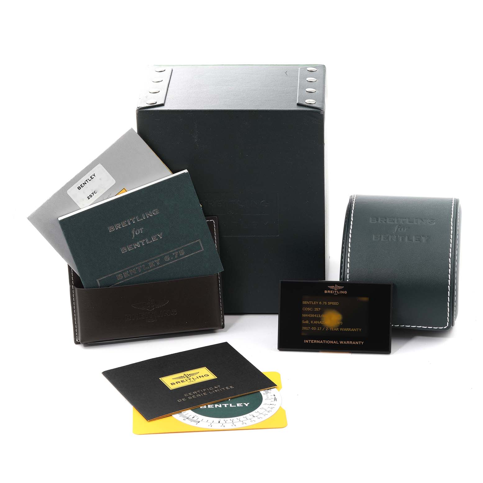 The image shows the packaging, manuals, and accessories for a Breitling Bentley M44364 Men's Stainless Steel Black Dial M44364 Men's Stainless Steel Black Dial model watch.