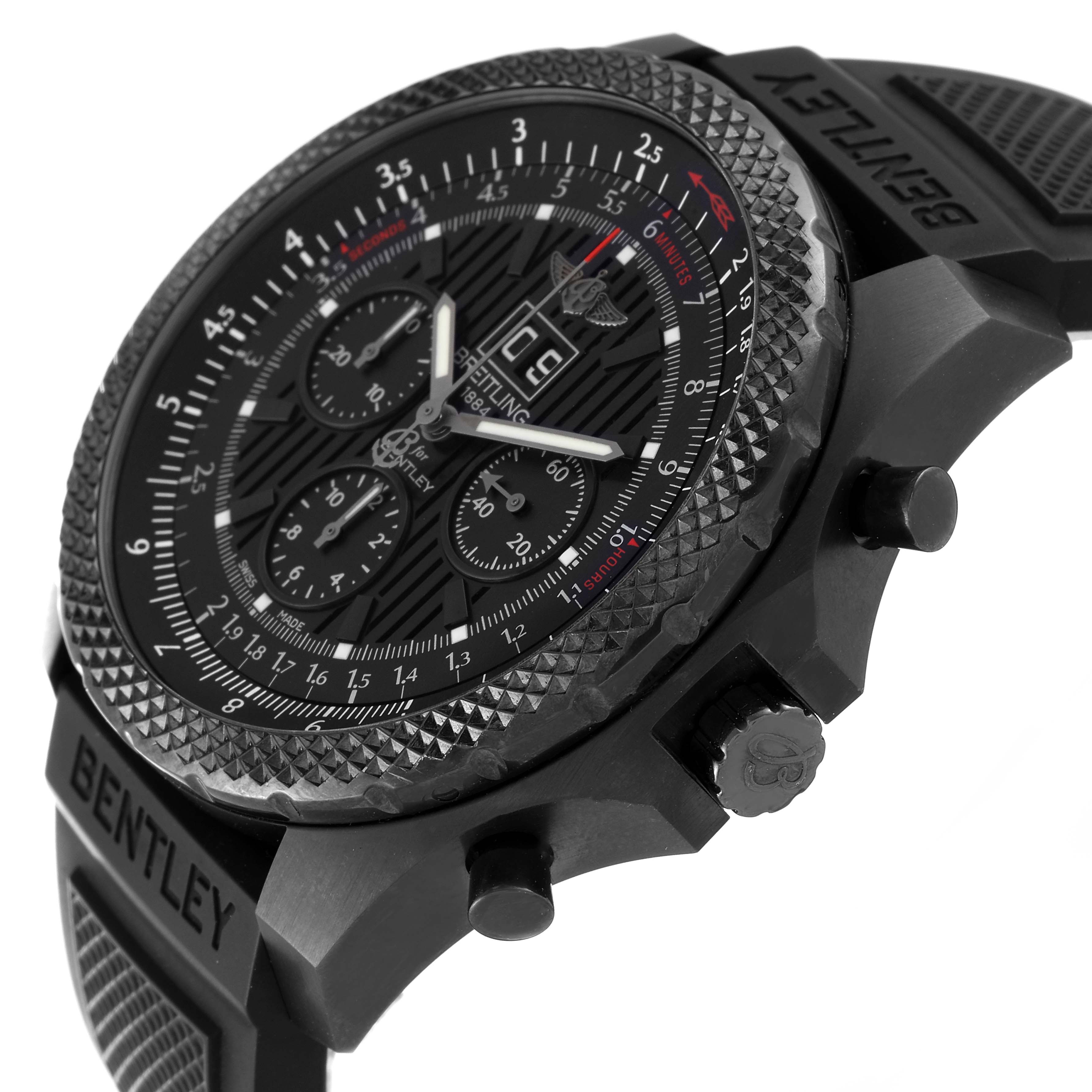 The image shows a side angle of a Bentley model Breitling watch, highlighting its black bezel, dial, and buttons.