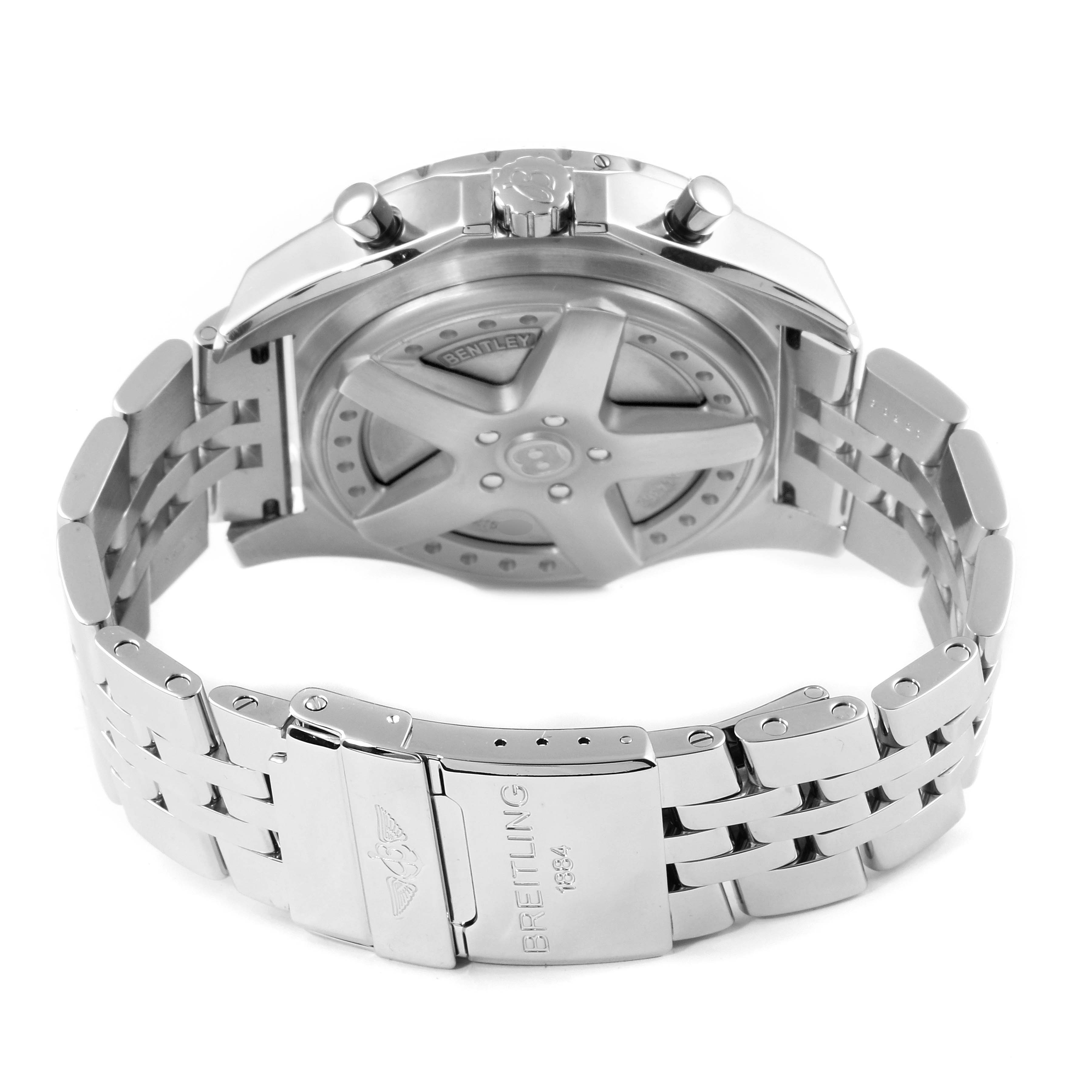 This image shows the back view of a Bentley model Breitling watch, highlighting the bracelet and clasp.