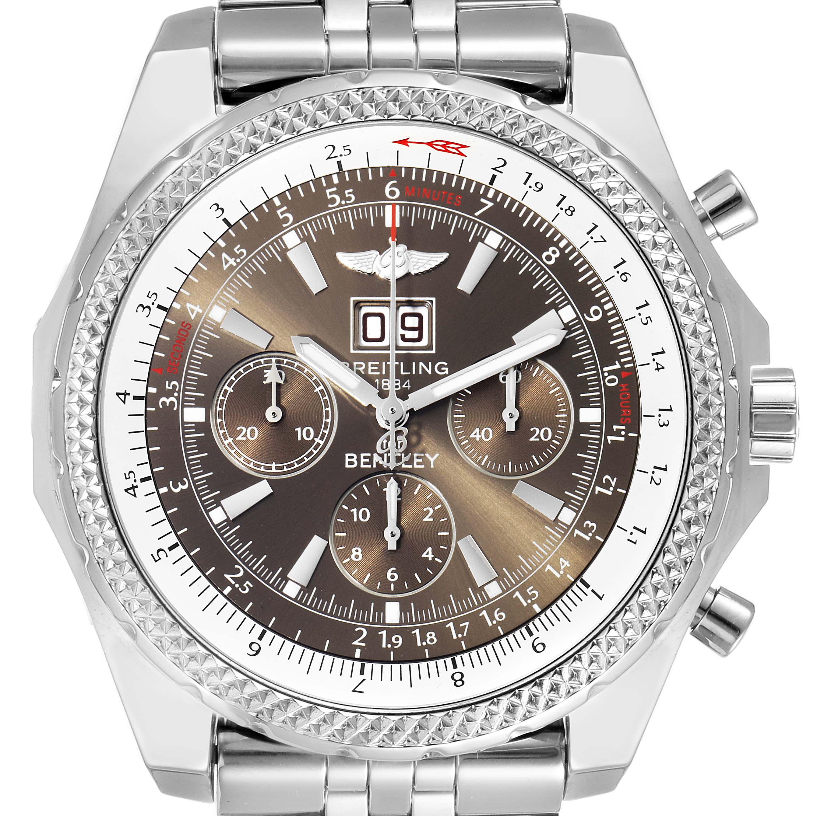 The image shows a front view of the face and bezel of the Breitling Bentley A44362 Men's Stainless Steel Brown Dial A44362 Men's Stainless Steel Brown Dial model watch.