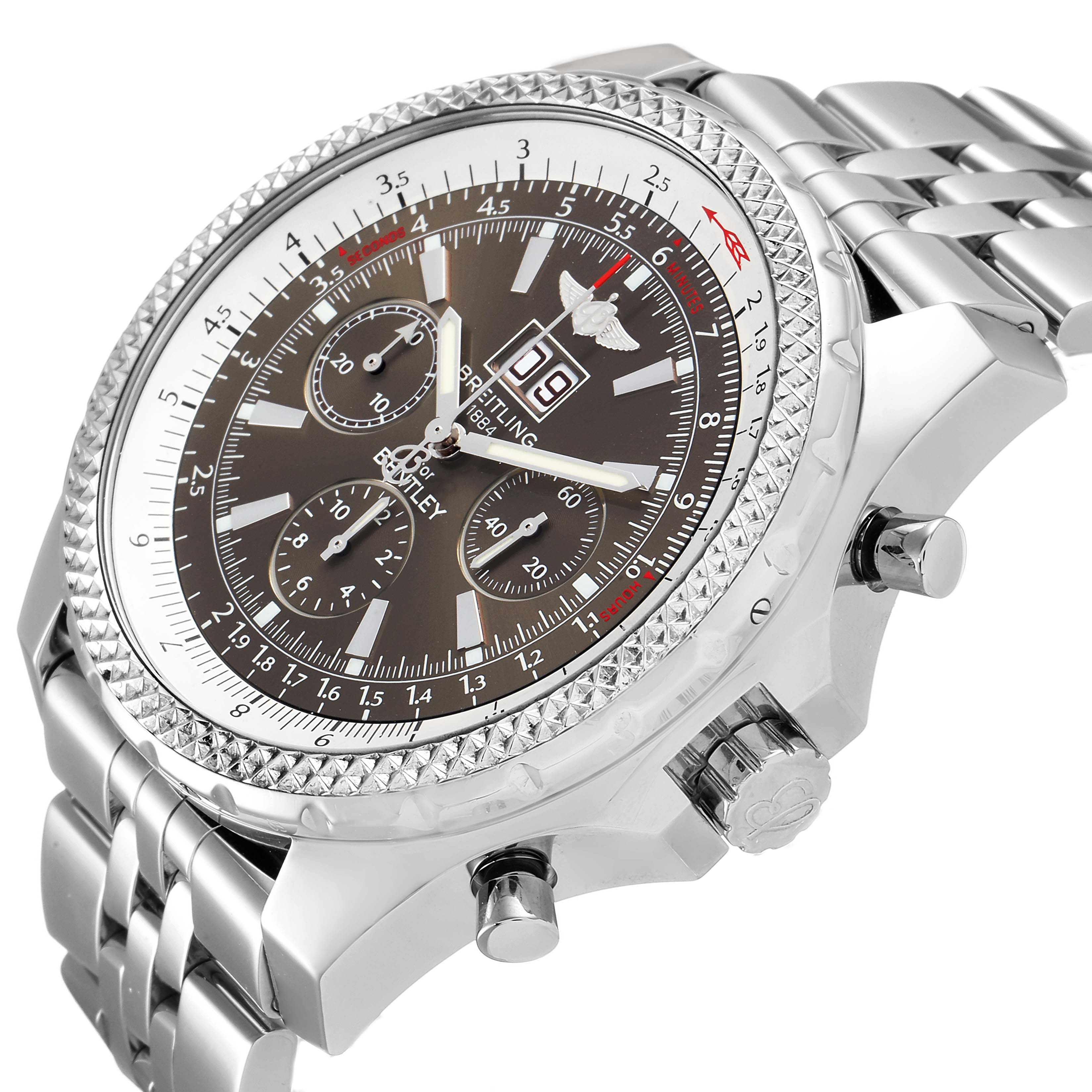 The image shows a Bentley model Breitling watch from an angled view, featuring the dial, bezel, and metal bracelet.