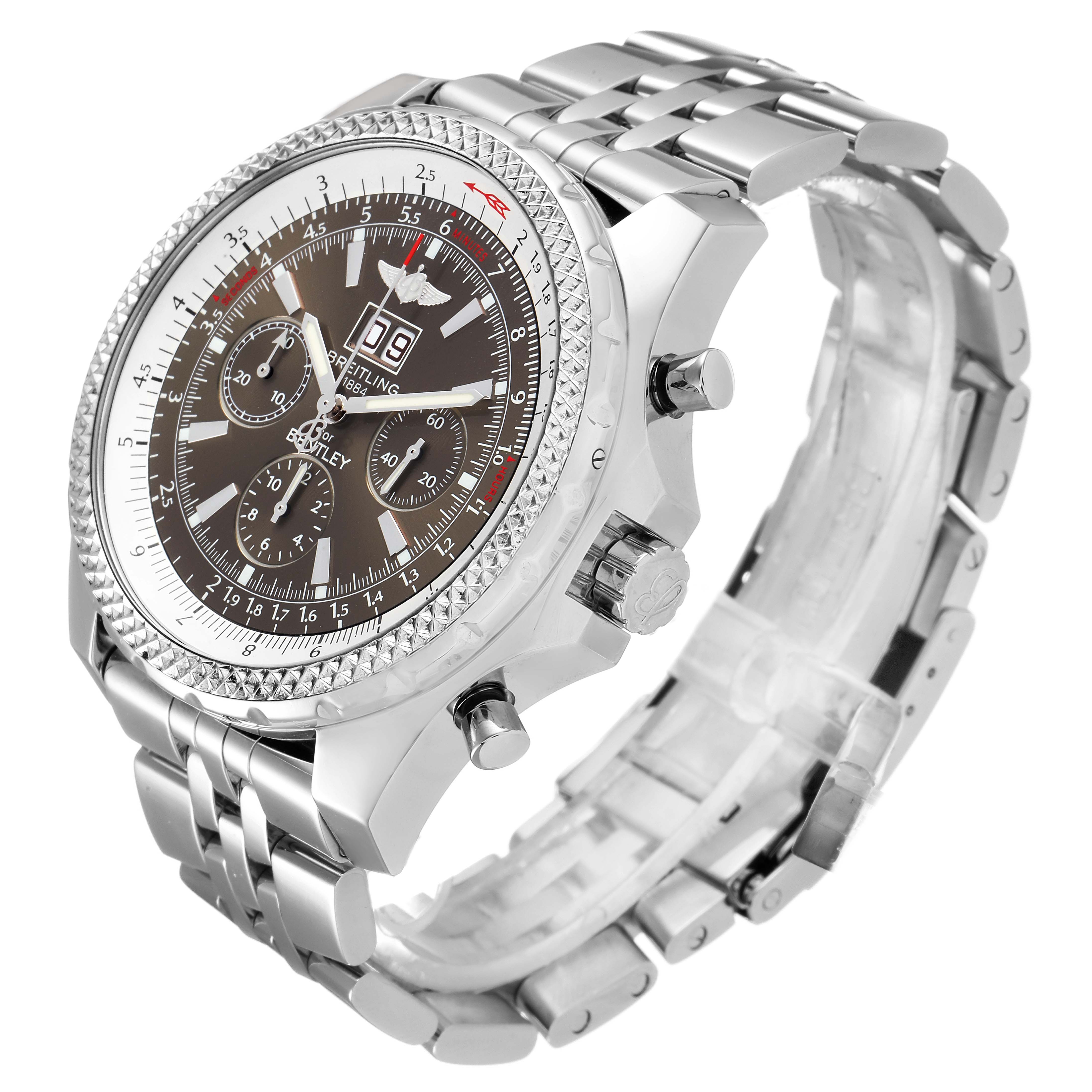 The image displays a Breitling Bentley A44362 Men's Stainless Steel Brown Dial A44362 Men's Stainless Steel Brown Dial watch from a three-quarter angle, showing its face, bezel, crown, pushers, and metal bracelet.