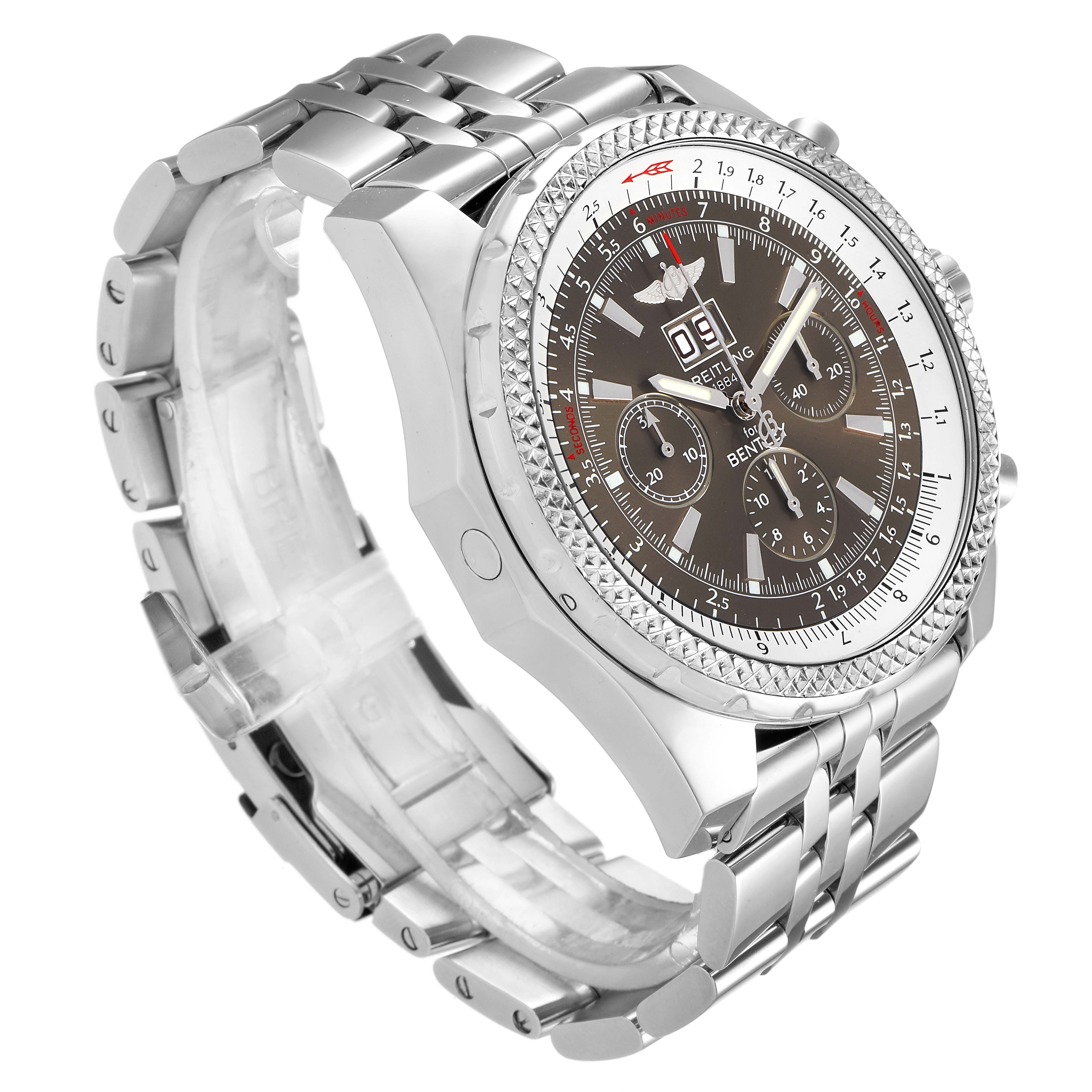 The image shows a side angle of a Breitling Bentley A44362 Men's Stainless Steel Brown Dial A44362 Men's Stainless Steel Brown Dial watch, highlighting its bracelet, bezel, dial, and chronograph features.