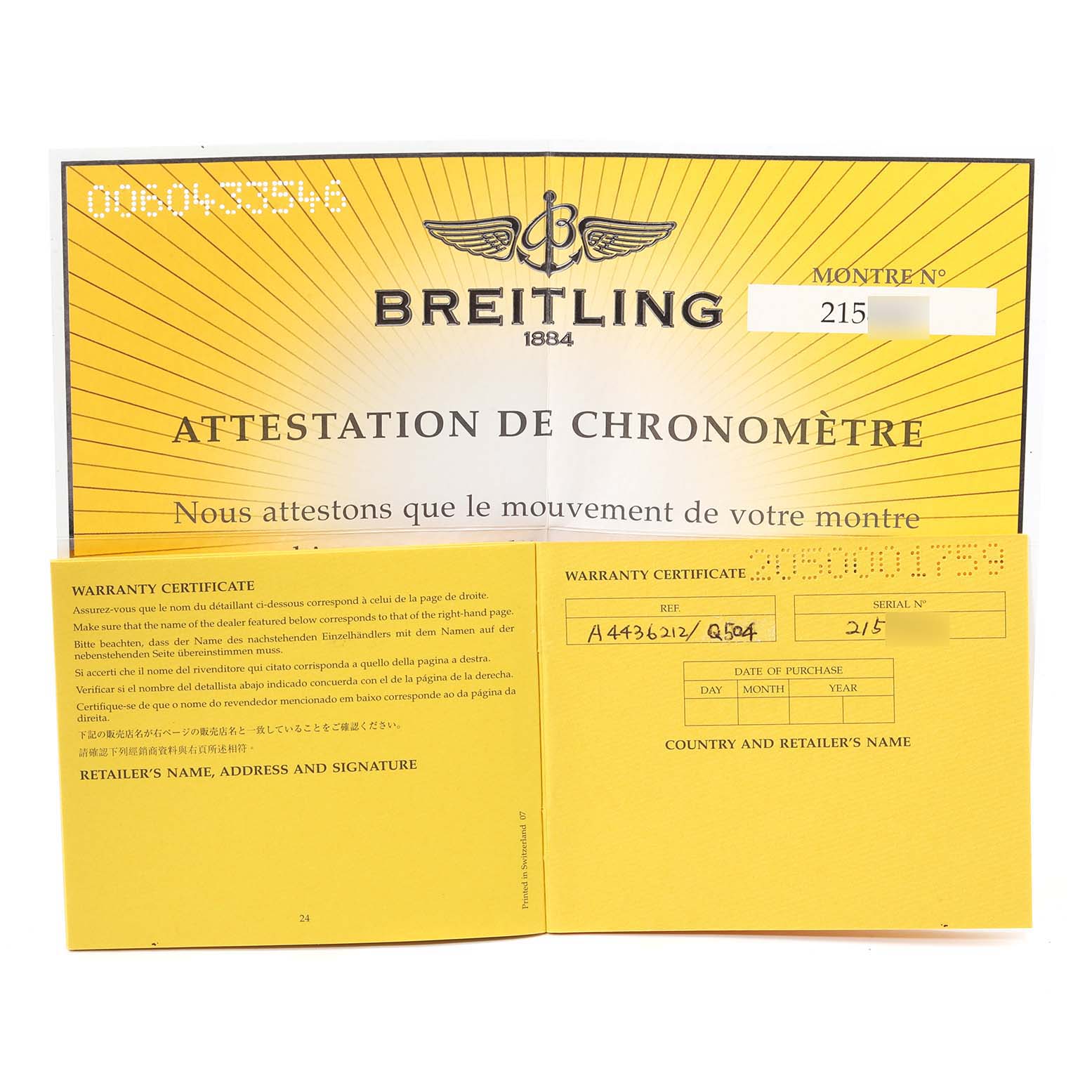 The image shows the warranty certificate and chronometer attestation for a Breitling Bentley A44362 Men's Stainless Steel Brown Dial A44362 Men's Stainless Steel Brown Dial model watch.