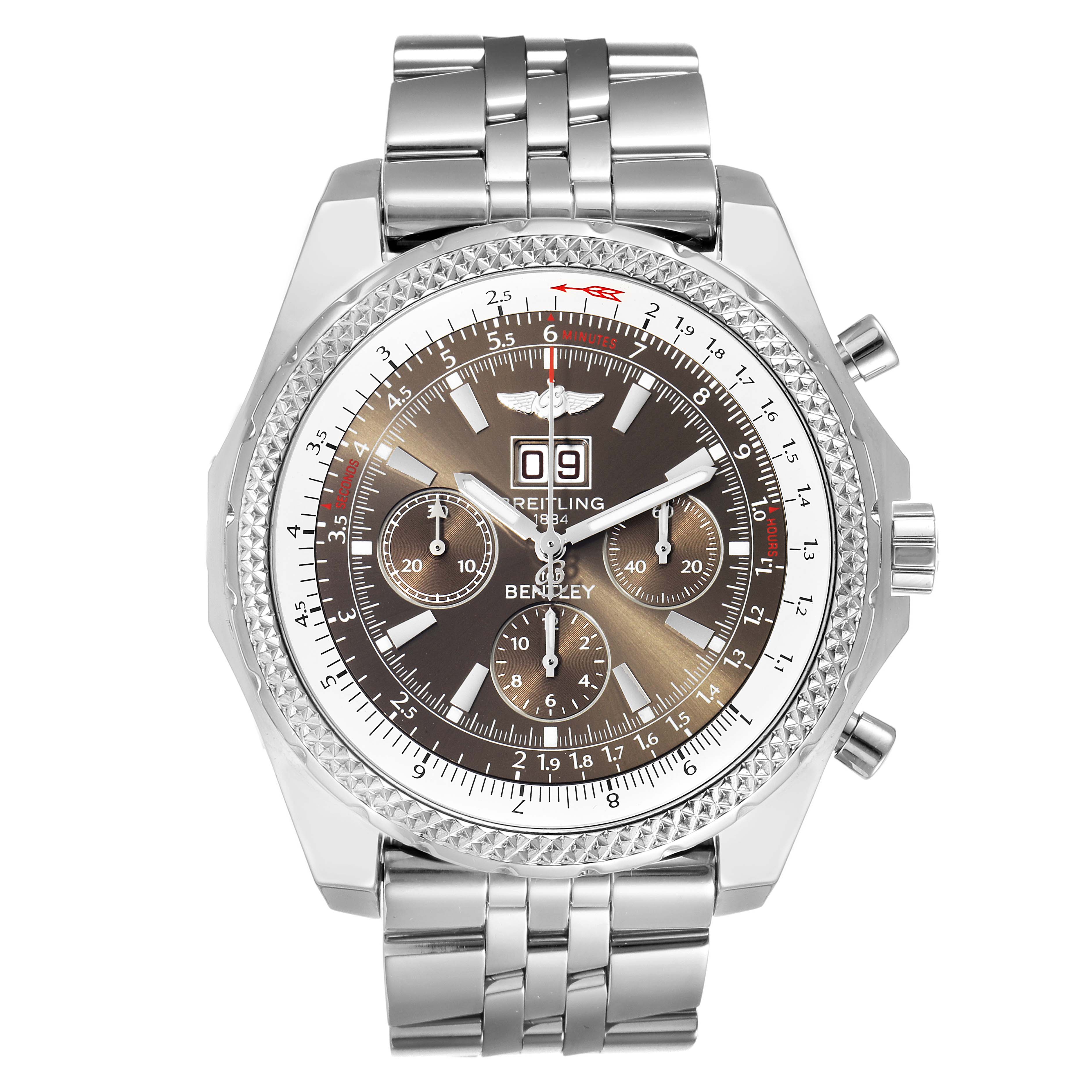 The image shows a front view of a Breitling Bentley A44362 Men's Stainless Steel Brown Dial A44362 Men's Stainless Steel Brown Dial watch, highlighting its dial, bezel, and metal bracelet.