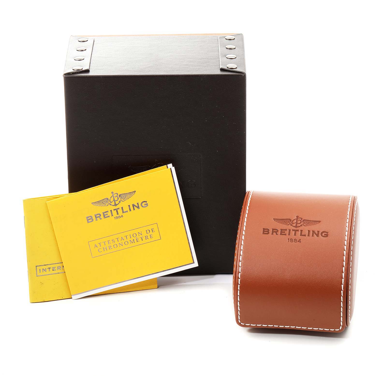 The image shows the box, leather case, and documentation for a Breitling Bentley A44362 Men's Stainless Steel Brown Dial A44362 Men's Stainless Steel Brown Dial model watch.