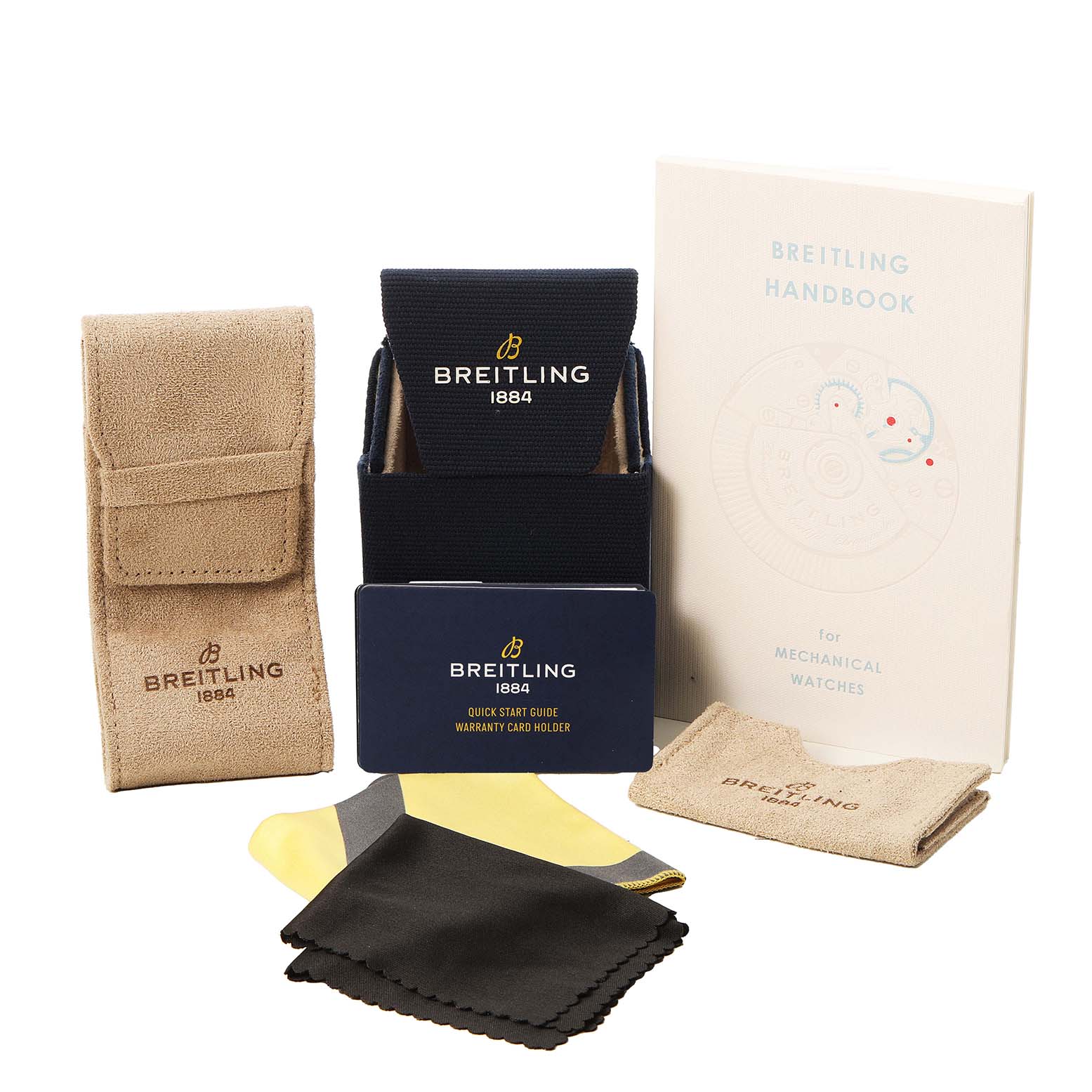 The image shows accessories for a Breitling Chronomat AB0134 Men's Stainless Steel Mother of Pearl Dial, including a case, handbook, warranty card holder, and polishing cloths.