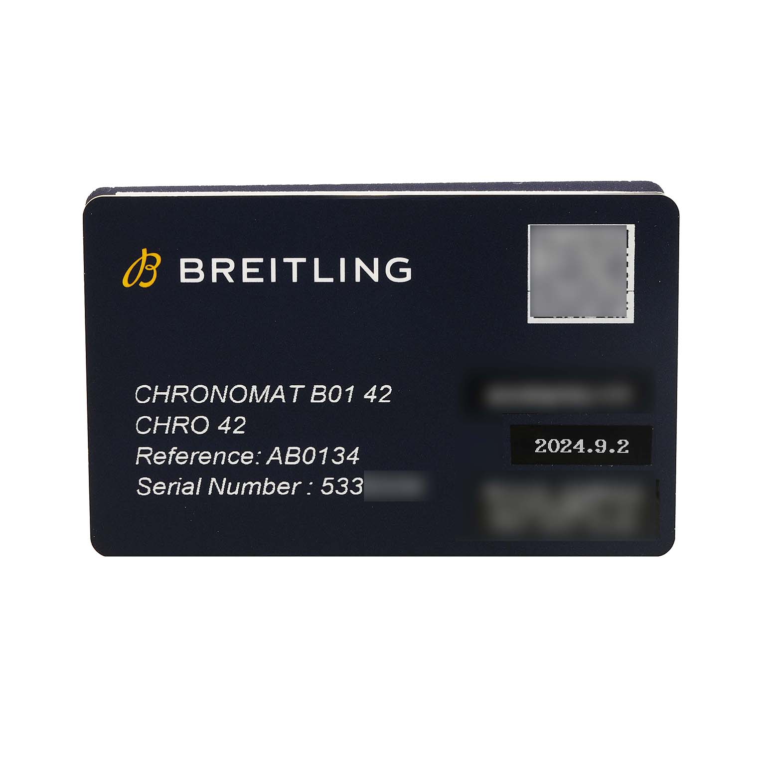 The image shows a Breitling Chronomat AB0134 Men's Stainless Steel Mother of Pearl Dial model warranty card with details like reference and serial number.