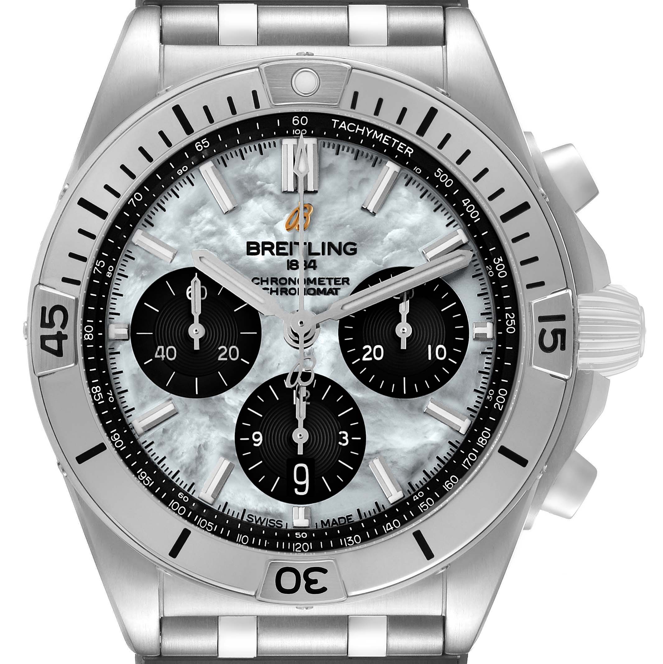 The image shows a frontal view of the Breitling Chronomat AB0134 Men's Stainless Steel Mother of Pearl Dial watch, highlighting its dial, subdials, bezel, and crown.